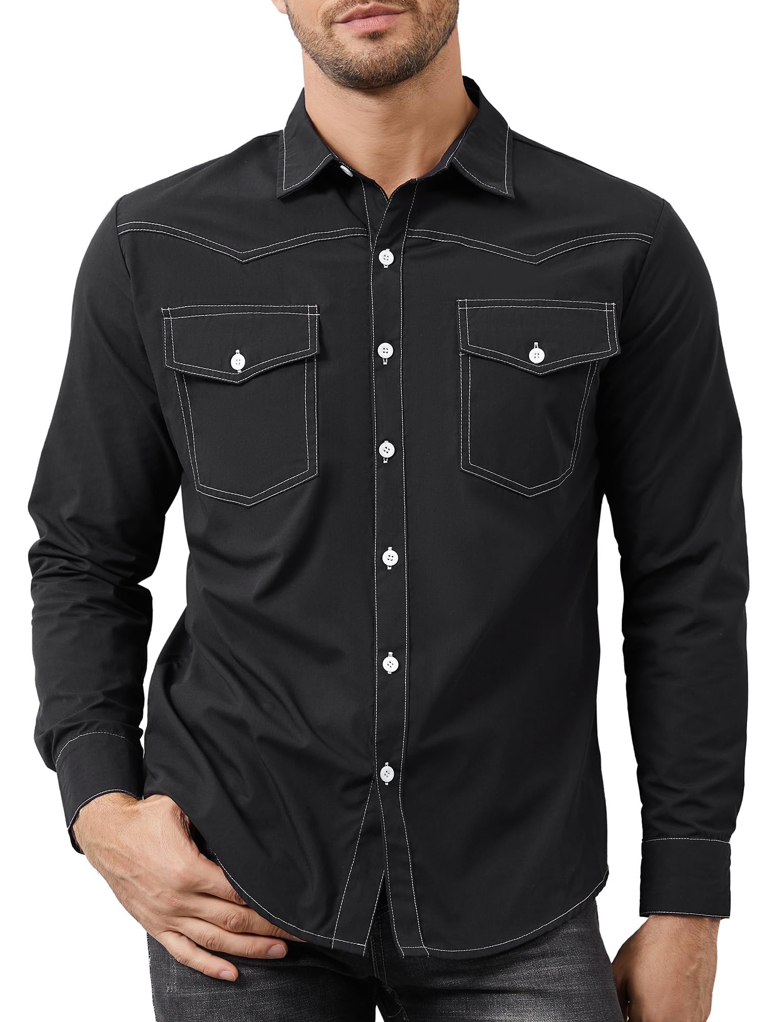 Photo 1 of LALATCH Western Cowboy Shirt for Men Black Long Sleeve Button Down, Cotton Casual Ranch Rodeo Top, Western Outfits Slim Fit Country Music Festival Shirt with Chest Pockets Black XXL