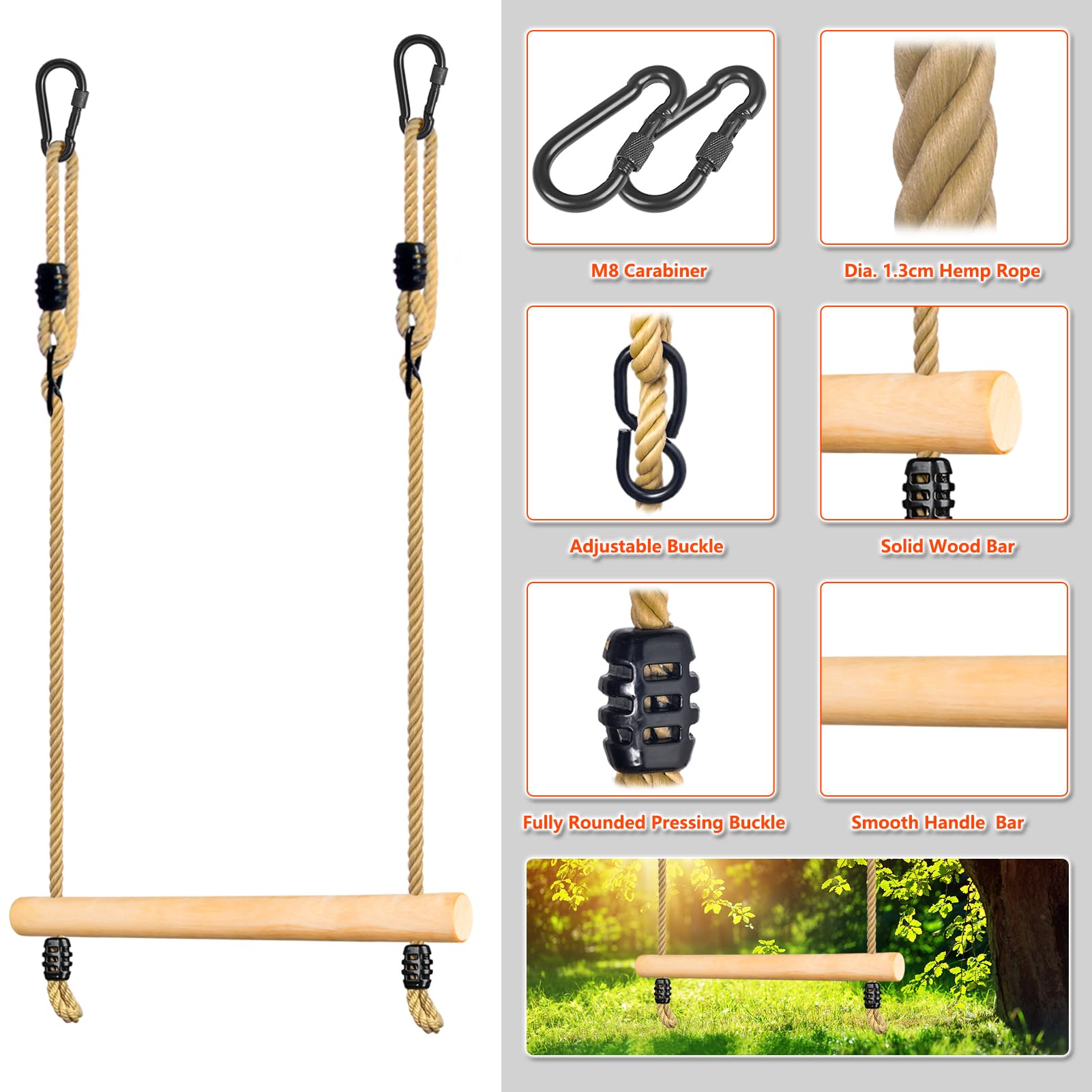 Trapeze Balancoire Exterieur, Accessoire Balancoire Exterieur pour Enfants Barre Trapeze Bois Multifonction Jeux Jardin Extérieur Trapèze pour Portique (Barre Trapeze)
