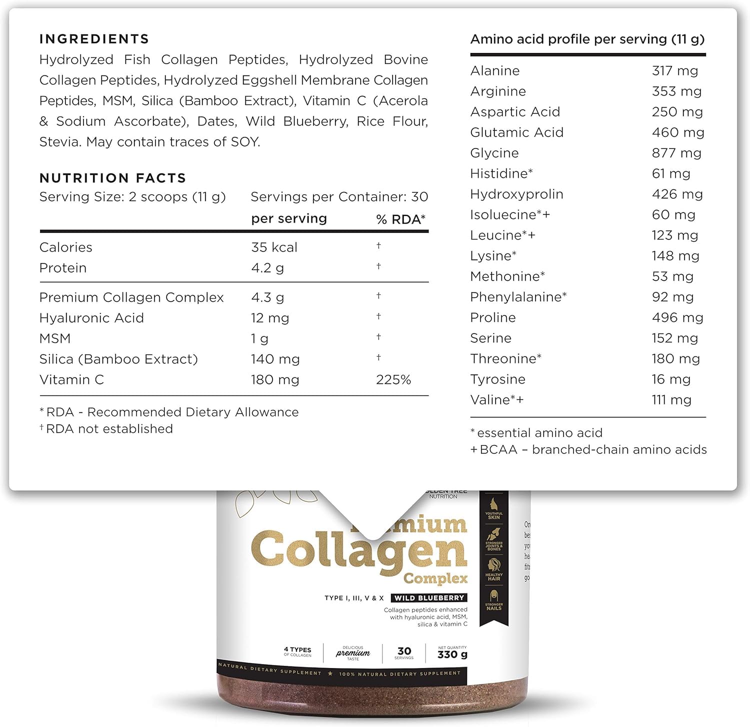 Golden Tree Premium Collagen Complex, 330 g, 30 Porzioni | Collagene in Polvere, Con MSM, Acido Ialuronico, Vitamina C, Silicio, Tipi I III V X