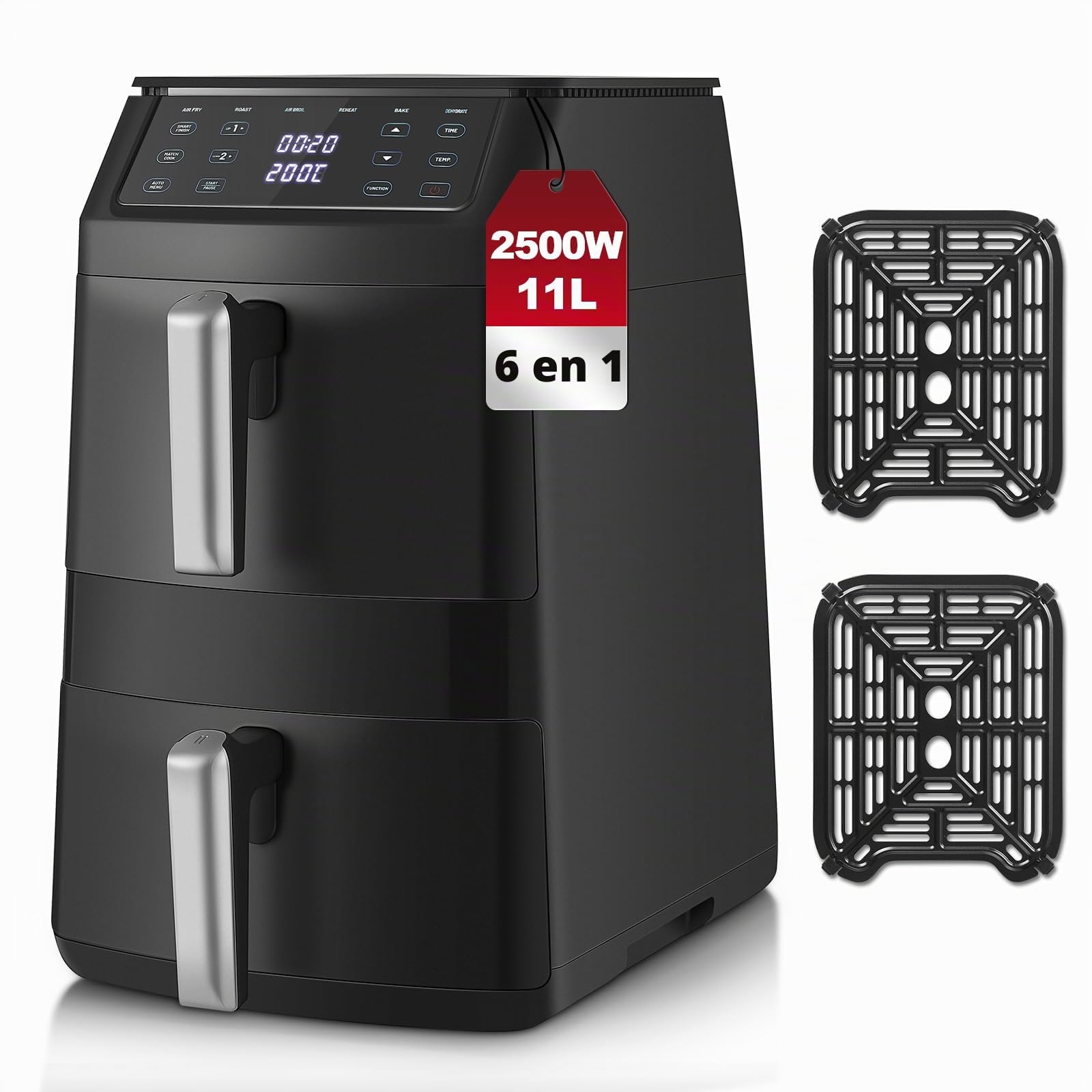 TopStrong Freidora de Aire XXL 11L, Air Fryer Doble Cesta Apilada, Freidora de Aire Doble Resistencia, 2500W, 6 Funciones, 8 Recetas, Lavavajillas, Ahorro Energético