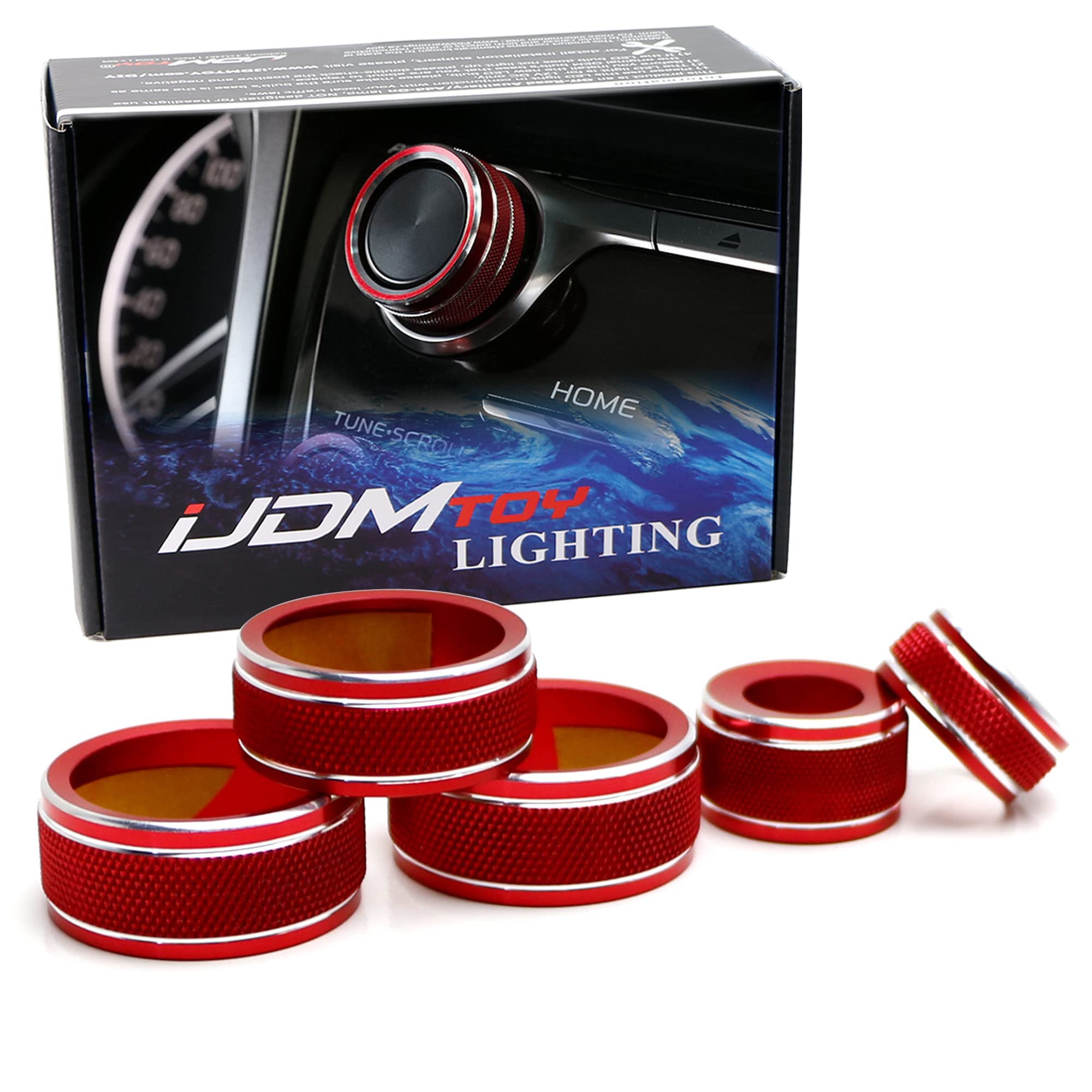 iJDMTOY 5pcs Sports Red Anodized Aluminum AC Climate Control, Audio Volume, Side Mirror Switch Turner Ring Covers Compatible with 2018-2020 Toyota