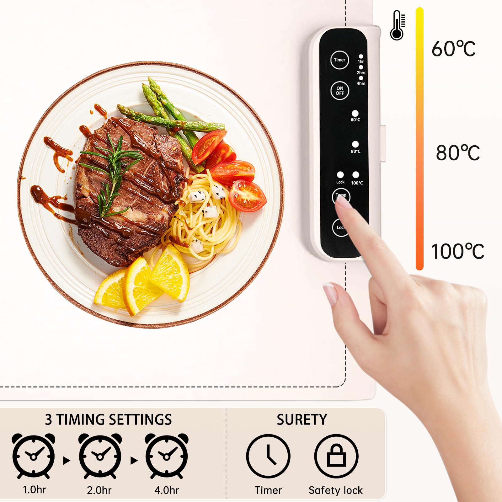 Bandeja Calefactora Electrica, Alfombrilla Calefactora Plegable para Alimentos, Tres Niveles de Temperatura, Tres Modos de Tiempo, Aislamiento en Toda La Superficie y Enrollado Flexible