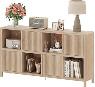 FATORRI 8 Cube Bookshelf with 4 Doors, Modern Mid Century Wood Book Shelf with Storage, Low Horizontal Cubby Bookcase for Home Office (Light Walnut)