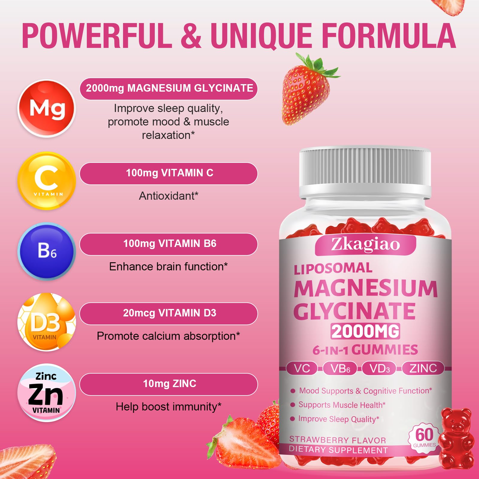Liposomal 2000MG Magnesium Glycinate Complex for Women & Men Supplement with Vitamin C, B6, D3 and ZINC - Mood Support, Supports Muscle Wellness & Improve Sleep Quality, 120Cts — Amazon image 3
