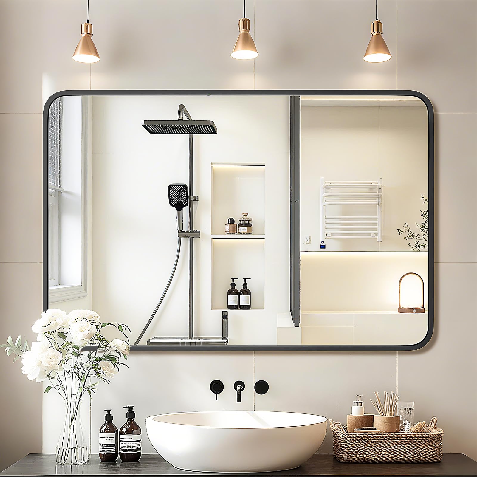 24"×36" Bathroom Mirror for Wall, Modern Bathroom Vanity Mirror, Black Bathroom Mirrors for Over Sink with Metal Framed HD Tempered Glass Hangs Horizontally or Vertically