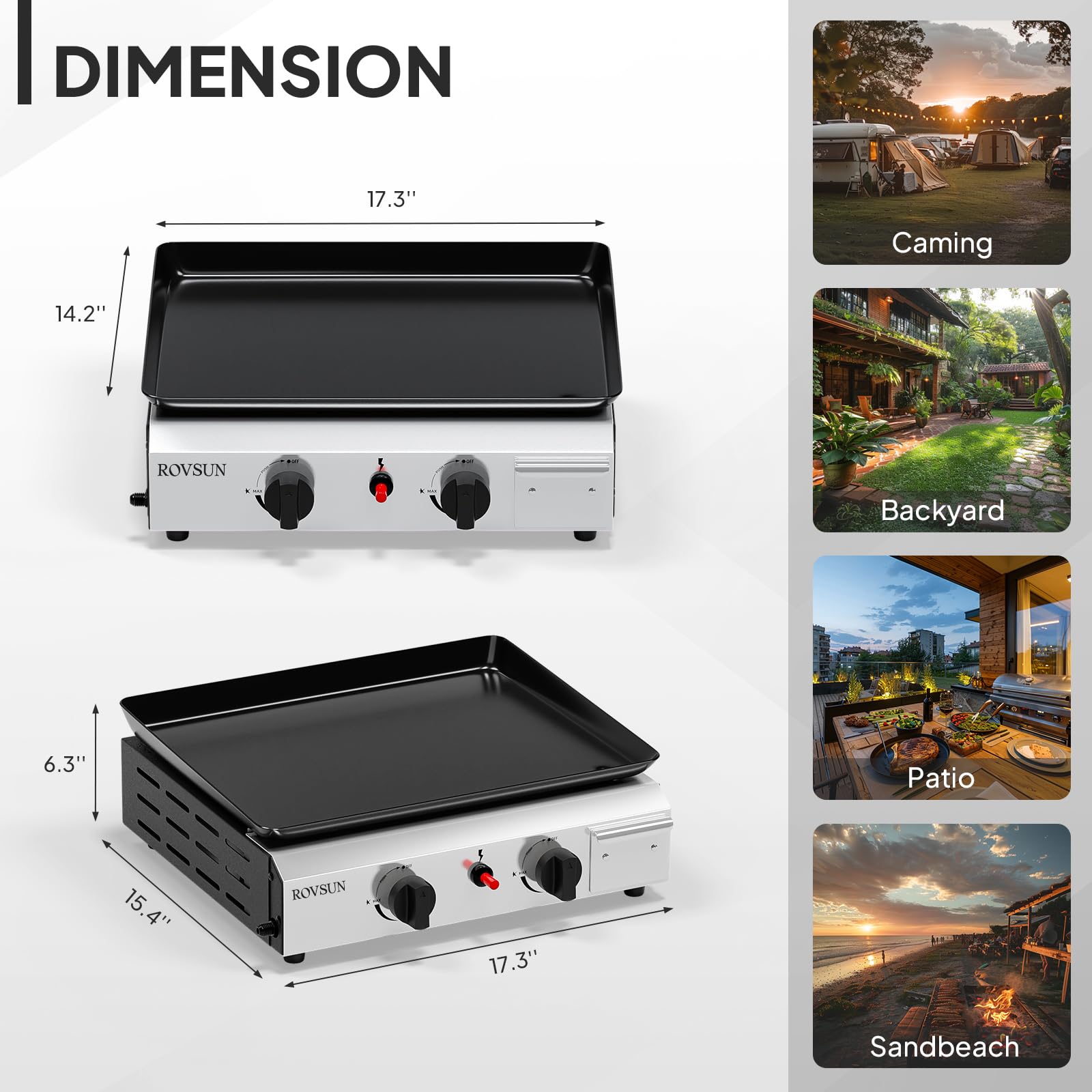 ROVSUN Camping Gasgrill Tischgrill aus Edelstahl, mit 2 Brennern, 4,8 kw, Emaillierter Antihaft-Grillplatte & ein-klick-Zündung für Camping, Garten & Strand, ohne Strom 44x39x16 cm