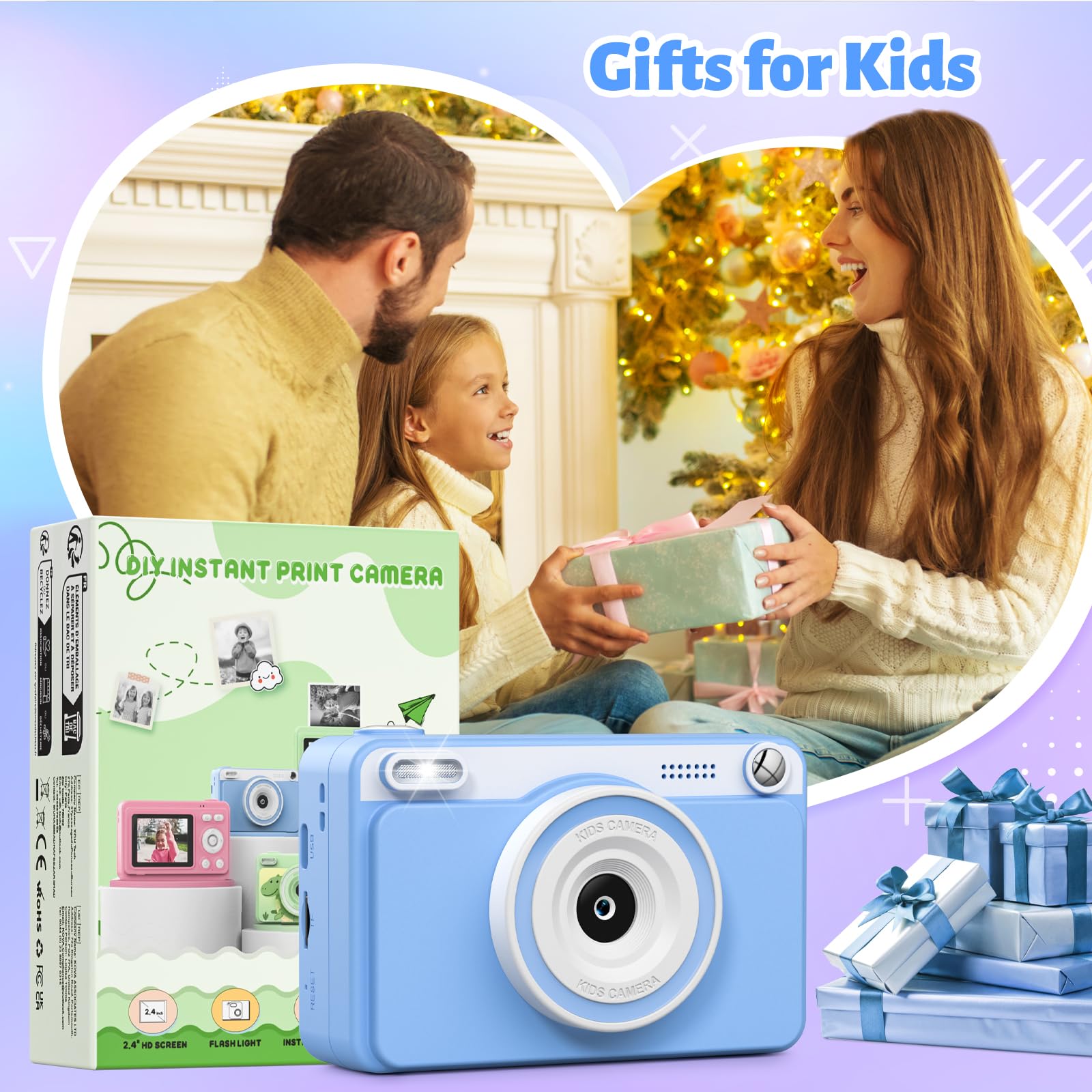 GREENKINDER Camara Fotos Infantil Instantanea,HD/1080P Cámara Instantánea para Niños con Tarjeta de 32GB y 5 Rollos de Papel Térmico,Camara Fotos Infantil Regalos de Juguete para Niños de 3 a 12