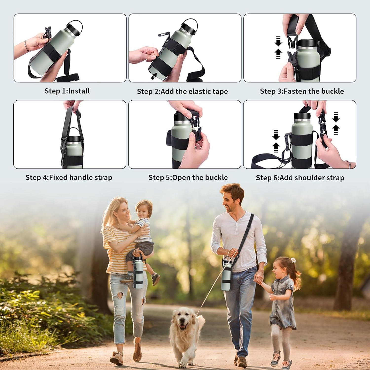 Water Bottle Holder Strap, for Owala Hydro Flask IRON °FLASK 16oz/24oz/32oz/64 oz Universal Water Bottles, with Carabiner，Phone Wrist Strap & Tether Tab, Hand Free for Hiking Travelling Camping - Image 5