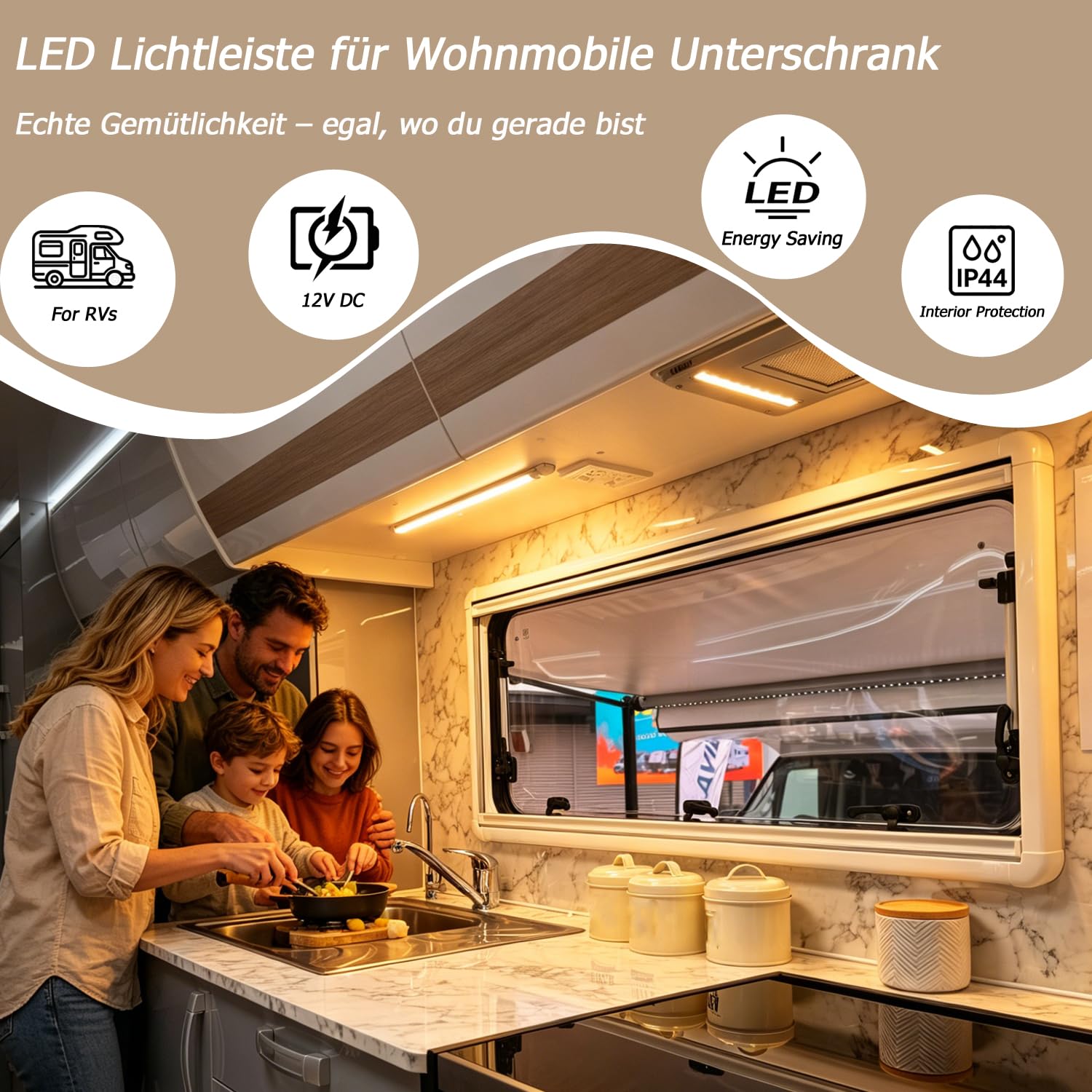 D-lite LED Lichtleiste 12V 60CM für Wohnmobil, 12V Unterbauleuchte Dimmbar, Schlankes Design, Warmweiß 3000K, LED Leiste mit Schalter, Ideal für Wohnwagen, Küche, Camper, Van und Boot