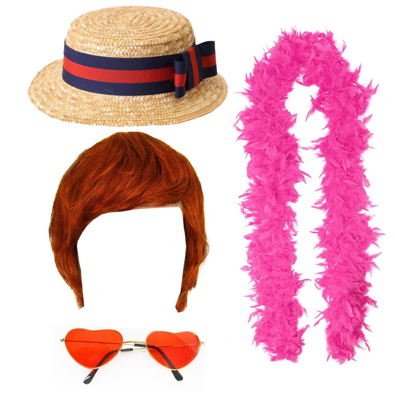 Farewell Tour Accessory Set - Straw Boater Hat, Ginger Wig, Pink Feather Boa and Red Heart Glasses - Adults 4-Piece Concert Pop Rock Icon Fancy Dress Accessory Set โ image 1
