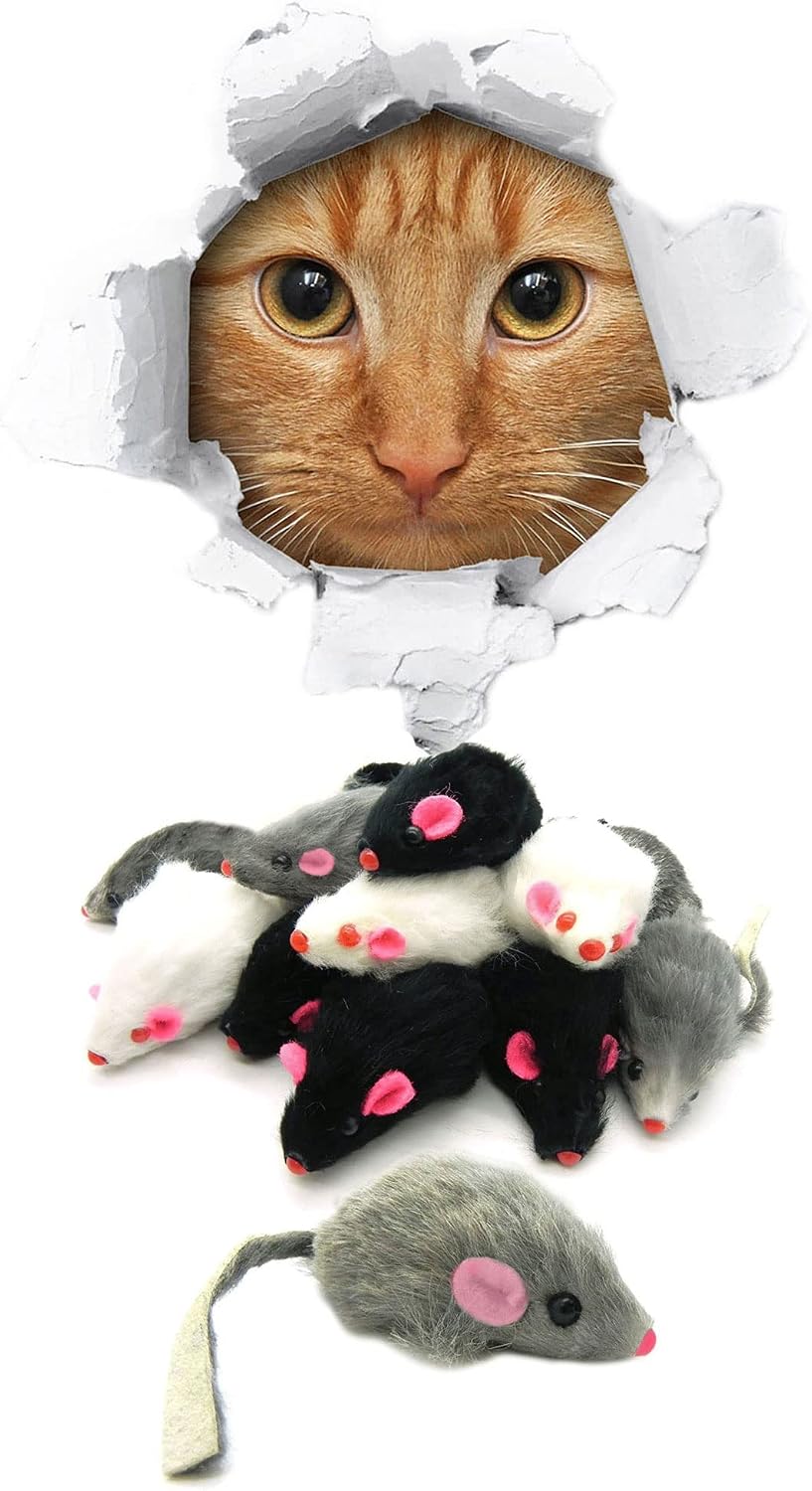 Real Rabbit Fur Rattle Mouse 2inch Mixed Cat and Kitten Teaser Toy Gray, White Black 12 Pack