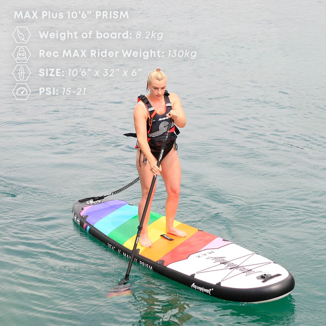 AQUAPLANET MAX SUP nadmuchiwana deska do wiosłowania | 15 cm grubości | 25 cm długości | regulowane wiosło | plecak do noszenia | podwójna pompka | Smycz bezpieczeństwa kostki | Wodoodporna sucha torba (tęcza)
