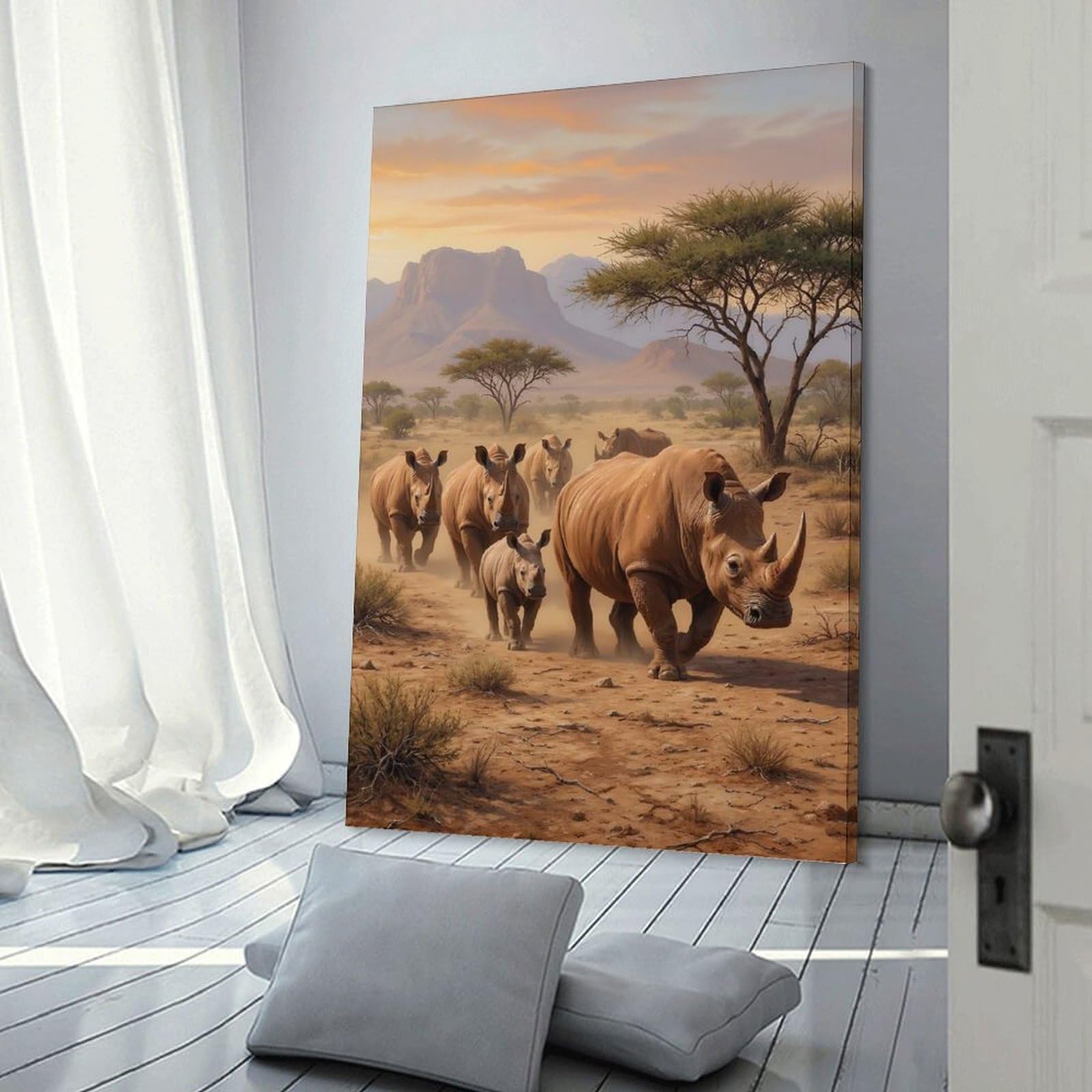 Junmoney Rhino Herd in African Landscape Wall Art Print, 08x12inch(20x30cm), for Entrance Spaces, Stair Walls Or Halls, Home Artwork for First Impressions