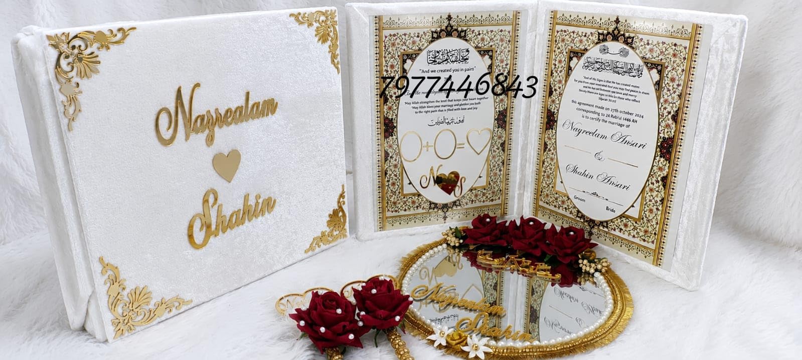 Customised Nikah Nama Pen Box with Mirror Full Set in White Velvet-picture-25
