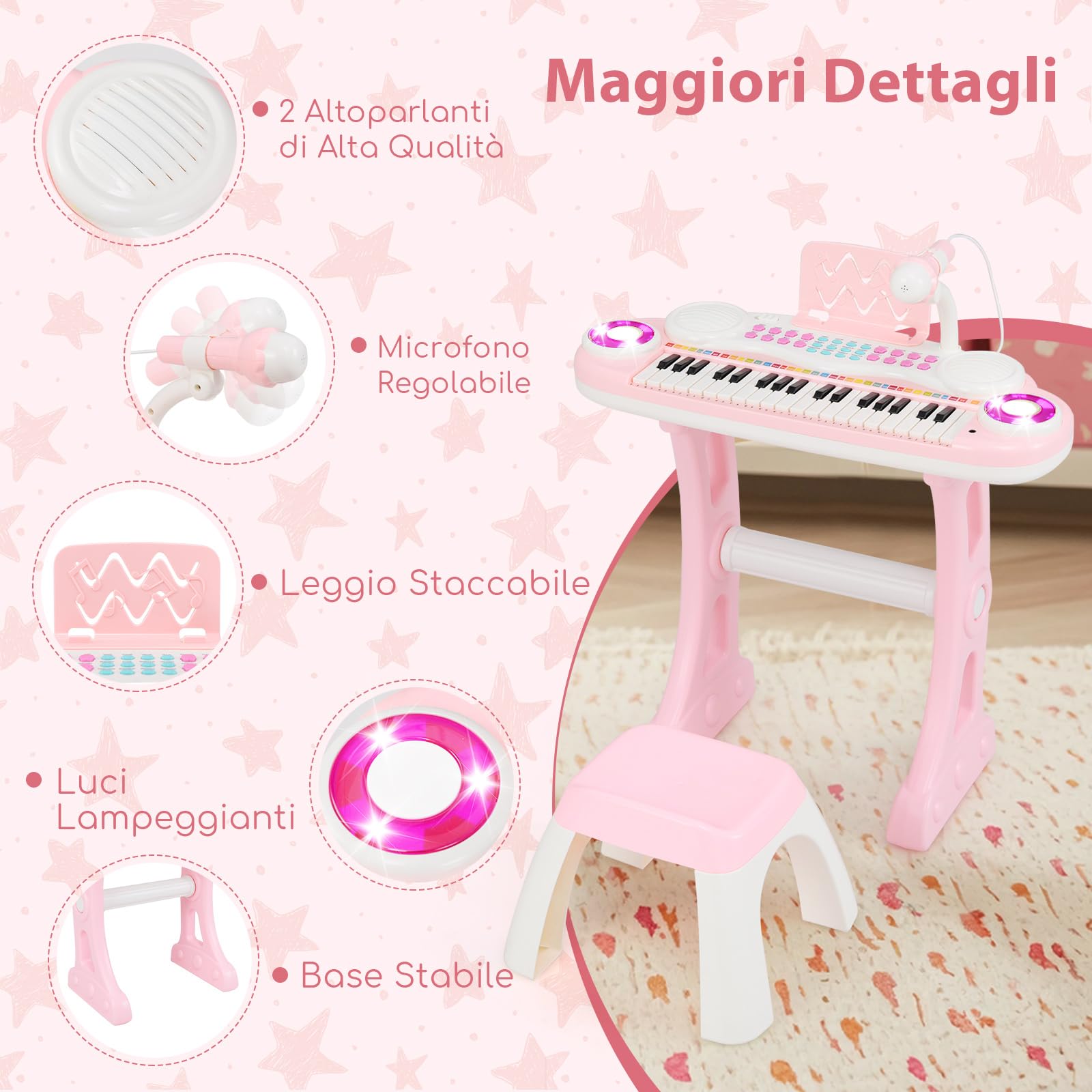 COSTWAY Set Pianoforte Digitale 37 Tasti per Bambini, Tastiera Elettronica con Microfono Sgabello, 8 Ritmi e 8 Strumenti, Funzioni di Record e Playback, Pianoforte Giocattolo per Ragazzi 3+Anni (Rosa)