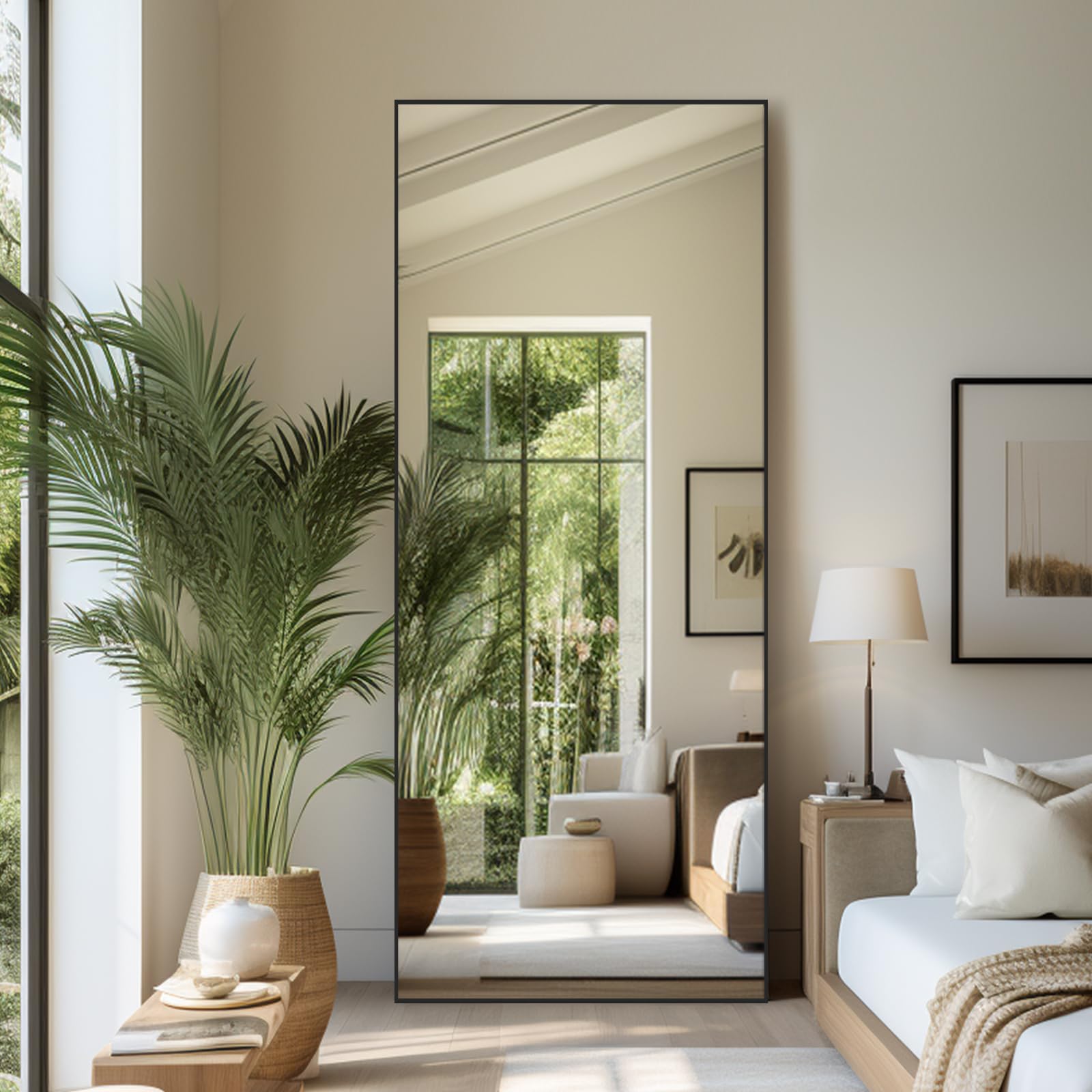 Espejos de Cuerpo Completo de Gran Tamaño Espejo Grande Independiente de Pie Espejo de Pared de Cuerpo Completo para Dormitorio, Sala de Estar y Entrada, Marco Rectangular Negro, 180x76 CM