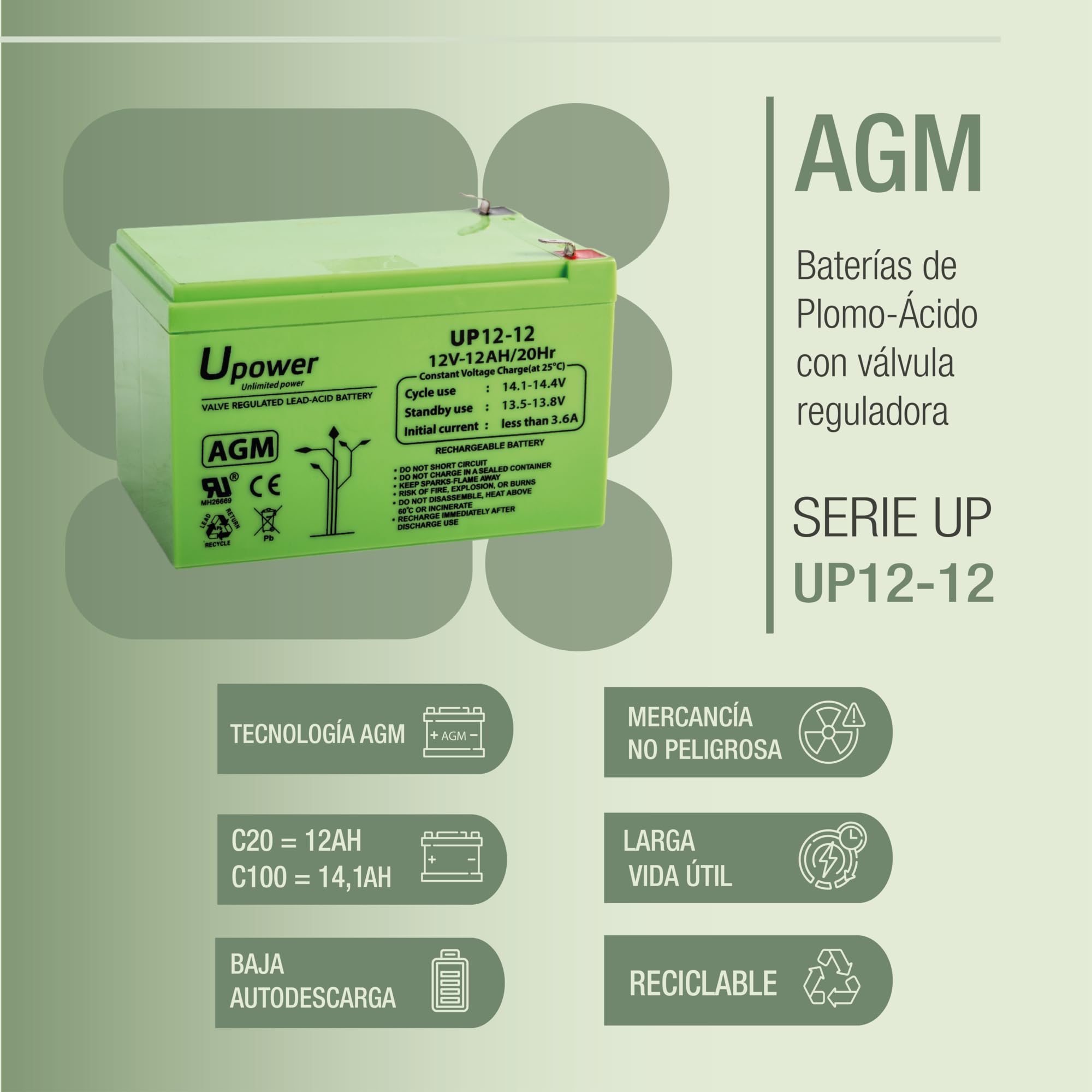 U-Power Batería AGM 12V 12Ah Sellada Recargable Plomo-Ácido VRLA Terminal Faston F2 6.3mm
