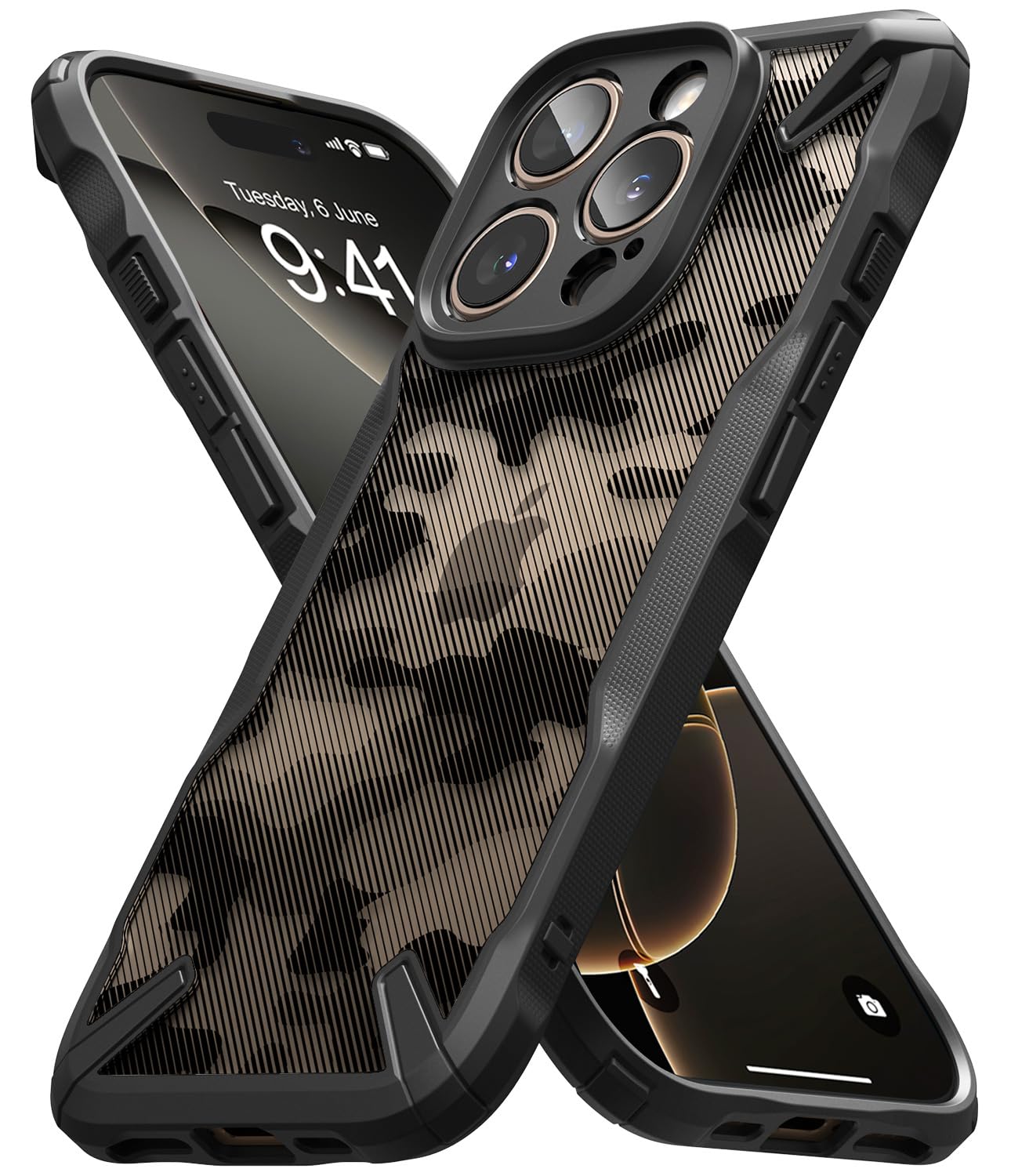 RingkeFusion-X [Precise Cutouts for Camera Lenses] Compatible with iPhone 16 Pro Case, Augmented Bumper Military Design Hard Back Heavy Duty Shockproof Protective Cover - Camo Black