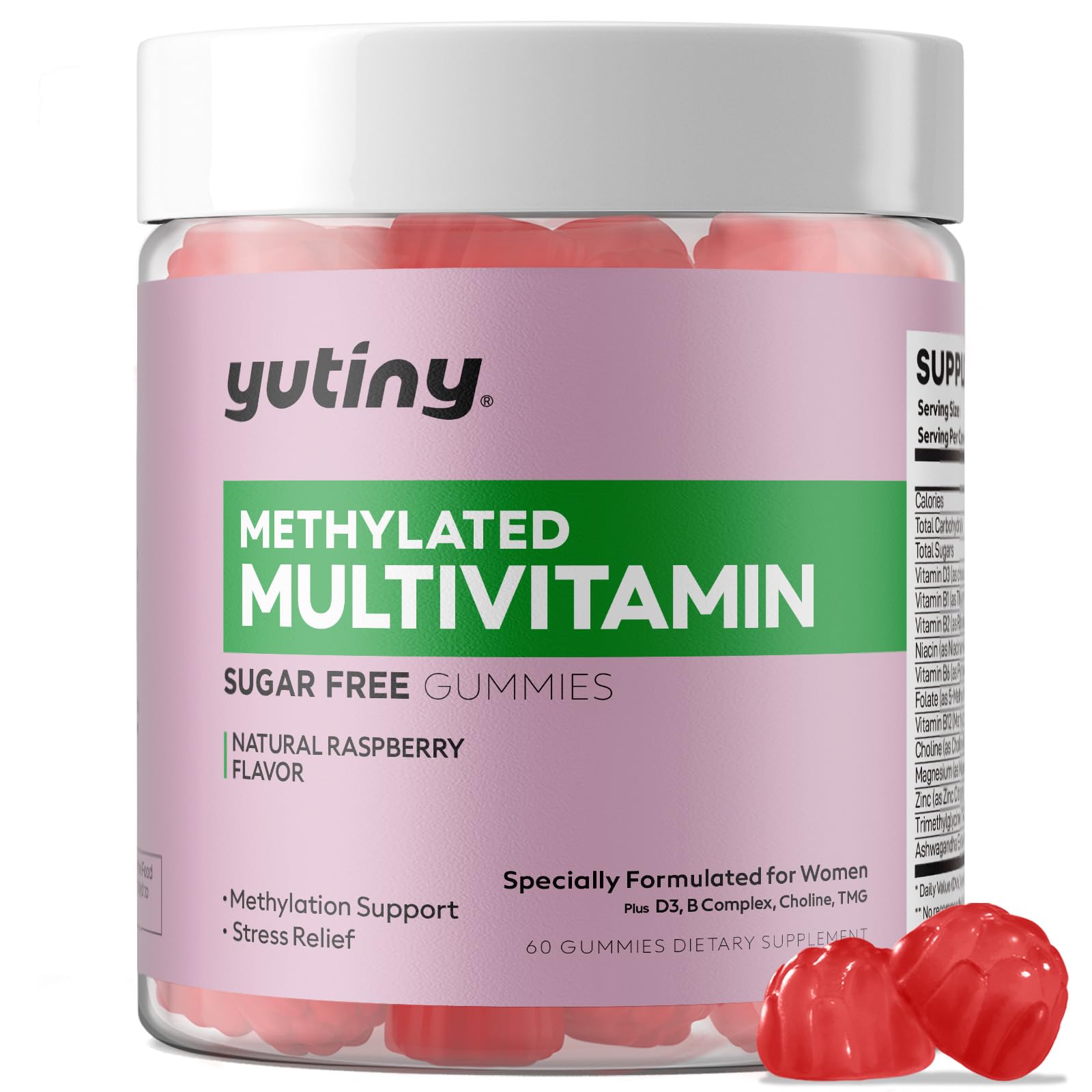 Yutiny - Gomitas multivitamínicas metiladas para mujeres (complejo de metil B, D3, zinc, colina, TMG, para energía y sistema nervioso), veganas, sin azúcar, 60 unidades