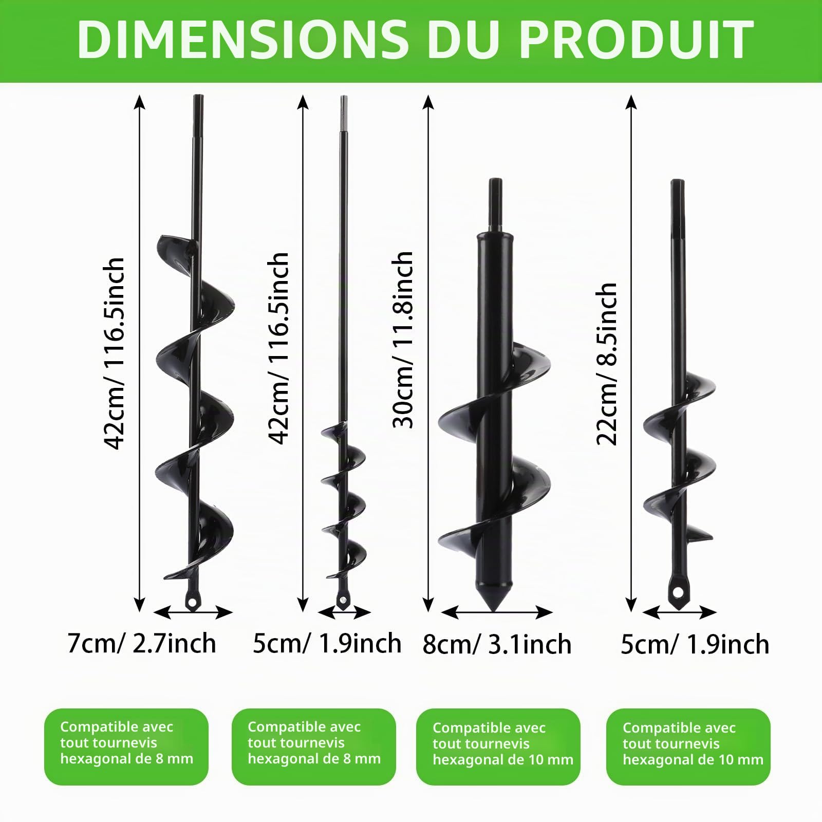 APACALI 4 Pièces Mèche Jardin Tariere pour Perceuse, Foreuse Jardin en Spirale avec Gants Jardinage, Outil de Plantation Pratique pour Faire Rapidement Trou et Planter des Fleurs Arbres Arbustes