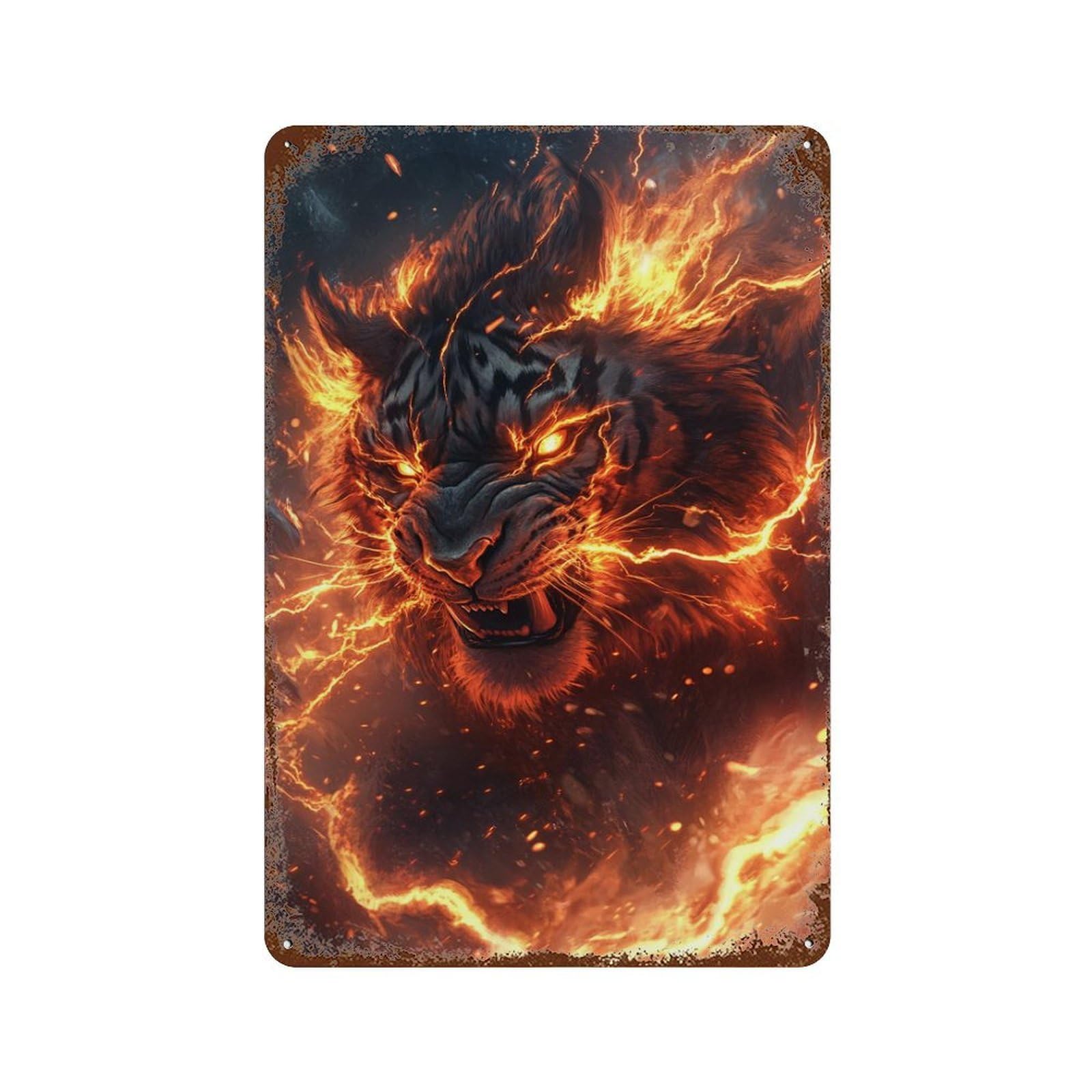 Aged Metal Wall Plaque with Flaming Tiger Artwork Design 11.8"x7.9", for Shed, Workshop And Garage Wall Decor, Decorative Metal Wall Art