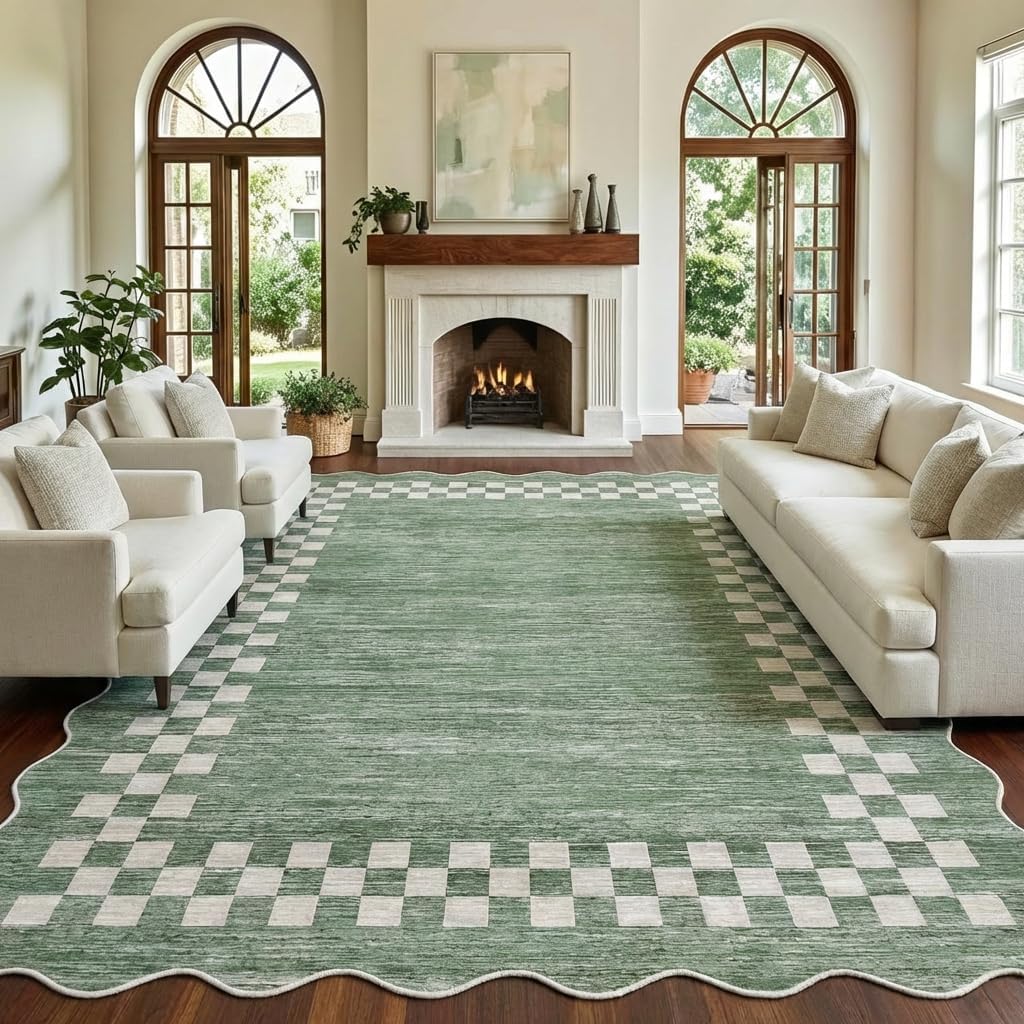 Garvee Scalloped 8x10 Washable Area Rugs for Living Room Modern Bordered Accent Rug for Bedroom Scalloped Non-Slip Stain-Resistant Stain Resistant Carpet for Dining Room Nursery Home Dorm, Green