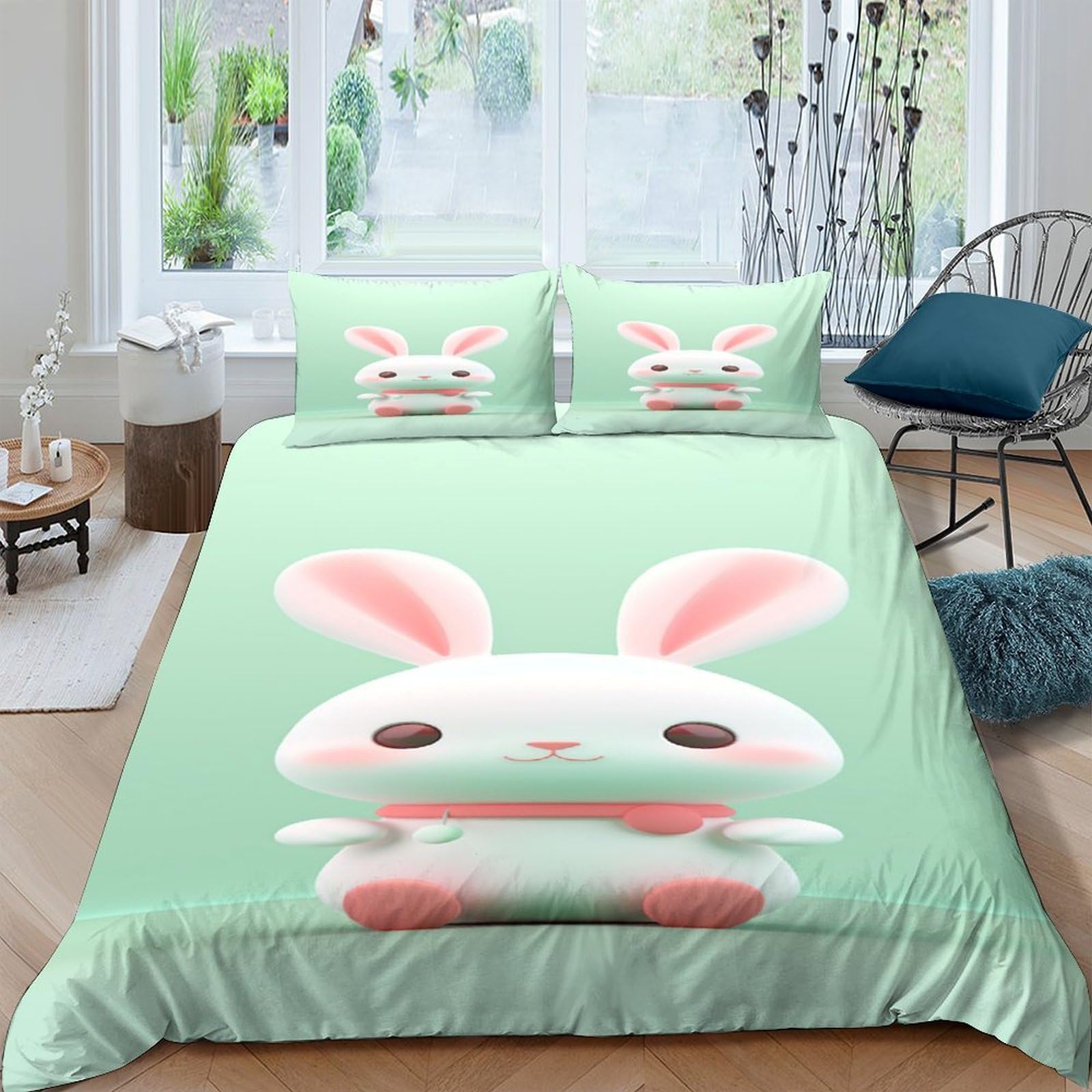 ENYISIYULO Cute Rabbit Duvet Cover 3 PCS Hotel Quality Quilt Cover Bedding Bed Covers with Pillowcases with Zipper Closure Breathable Stylish Comforter Double（200x200cm）