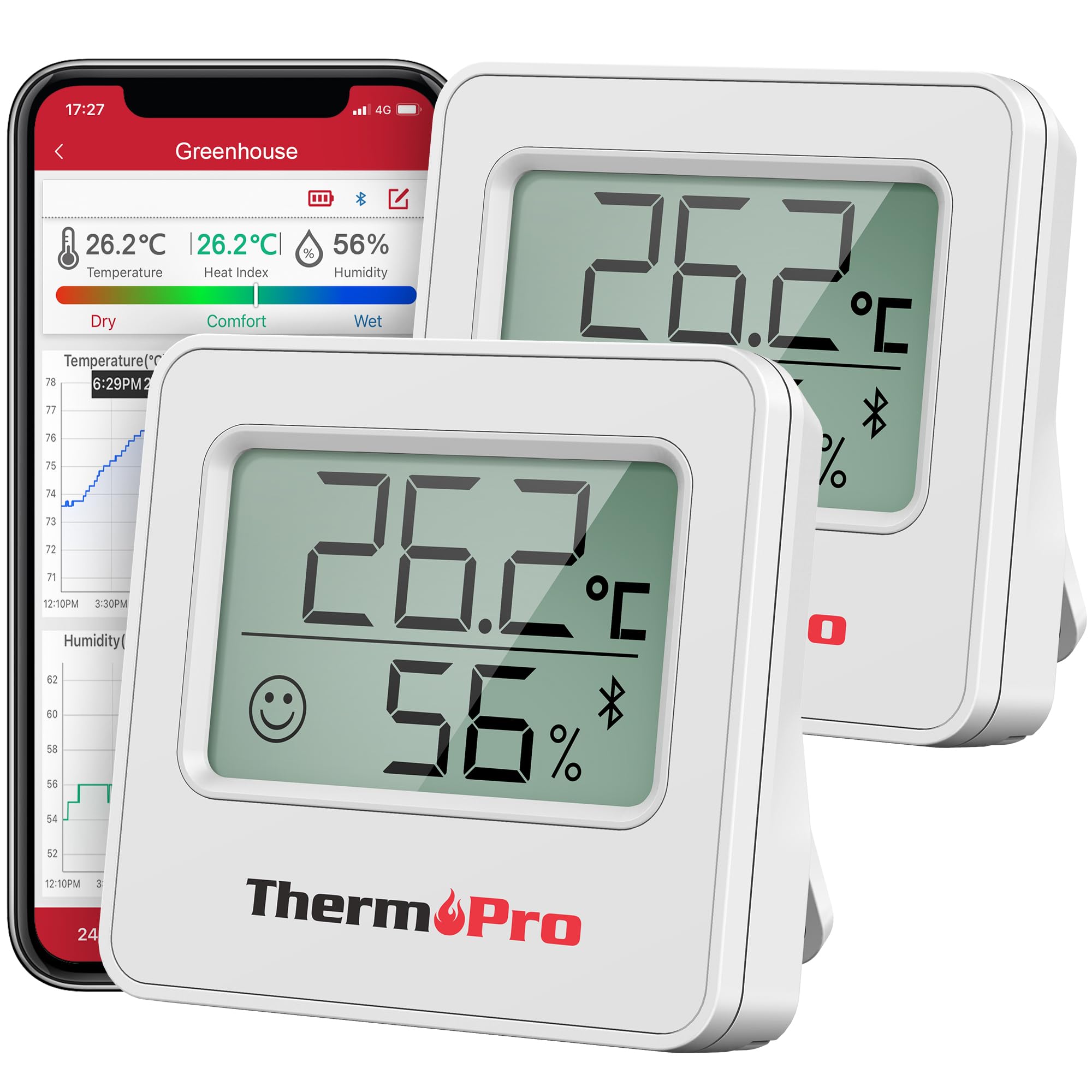 Thermopro TP357 Petit Hygrometre Interieur Connecté Bluetooth de Thermomètre Intérieur, Thermomètre Connecté Utilisé avec Smart APP, pour Le Bureau à Domicile Thermomètre de Reptile, 2 Pièces