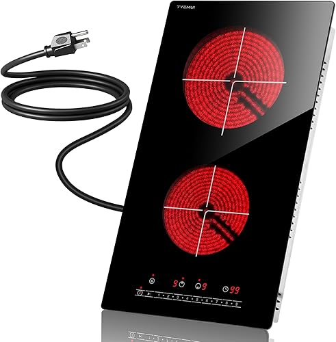 TYEMUI Estufa eléctrica de 2 quemadores de 110 V, enchufe portátil de 2000 W, estufa infrarroja de doble quemador de 12 pulgadas, estufa de vidrio