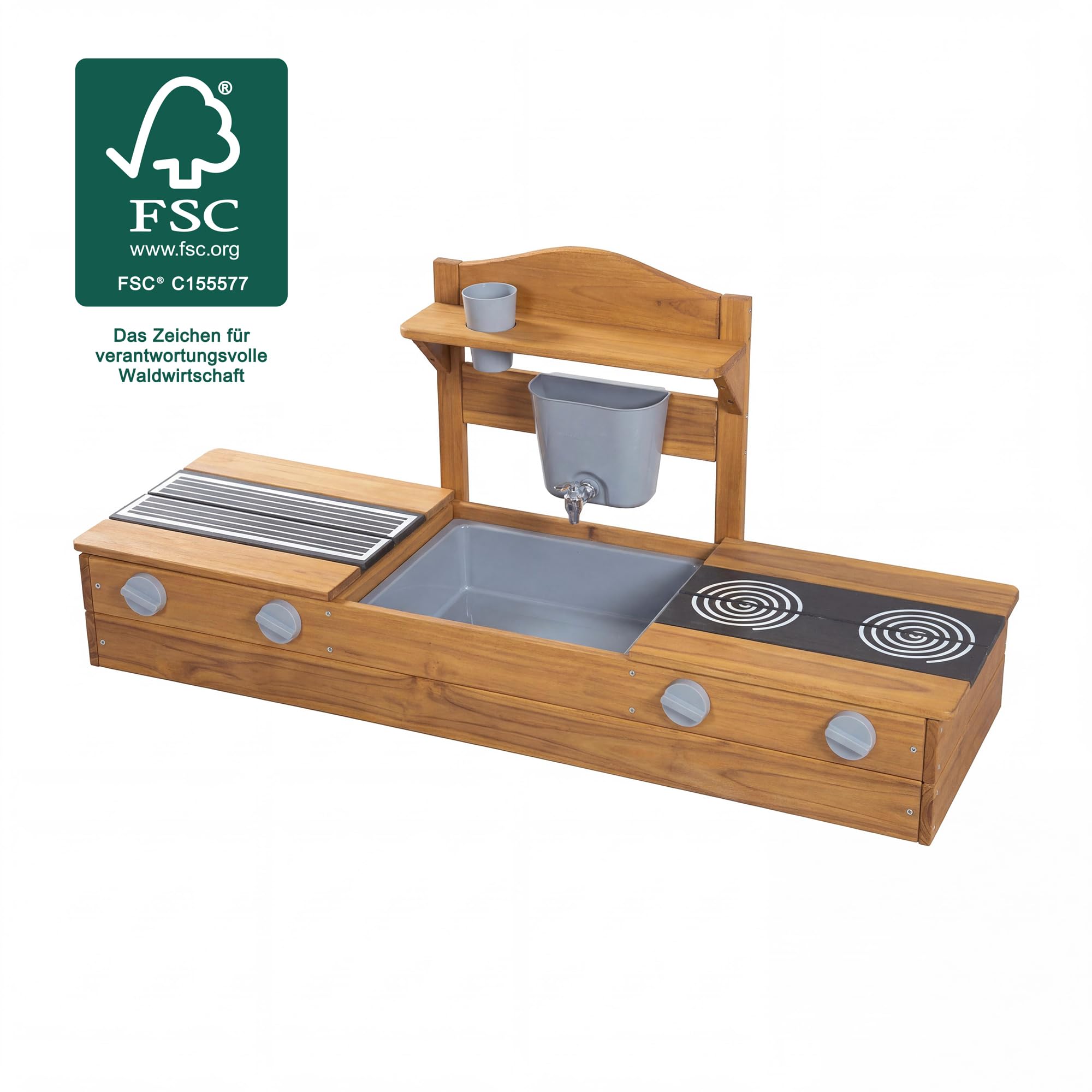 roba 2in1 Balkonsandkasten & Matschküche für Kinder - FSC®-Zertifiziert - Inkl. Zubehör - Kompakte Spielküche für Balkon & Garten - Teakfarben