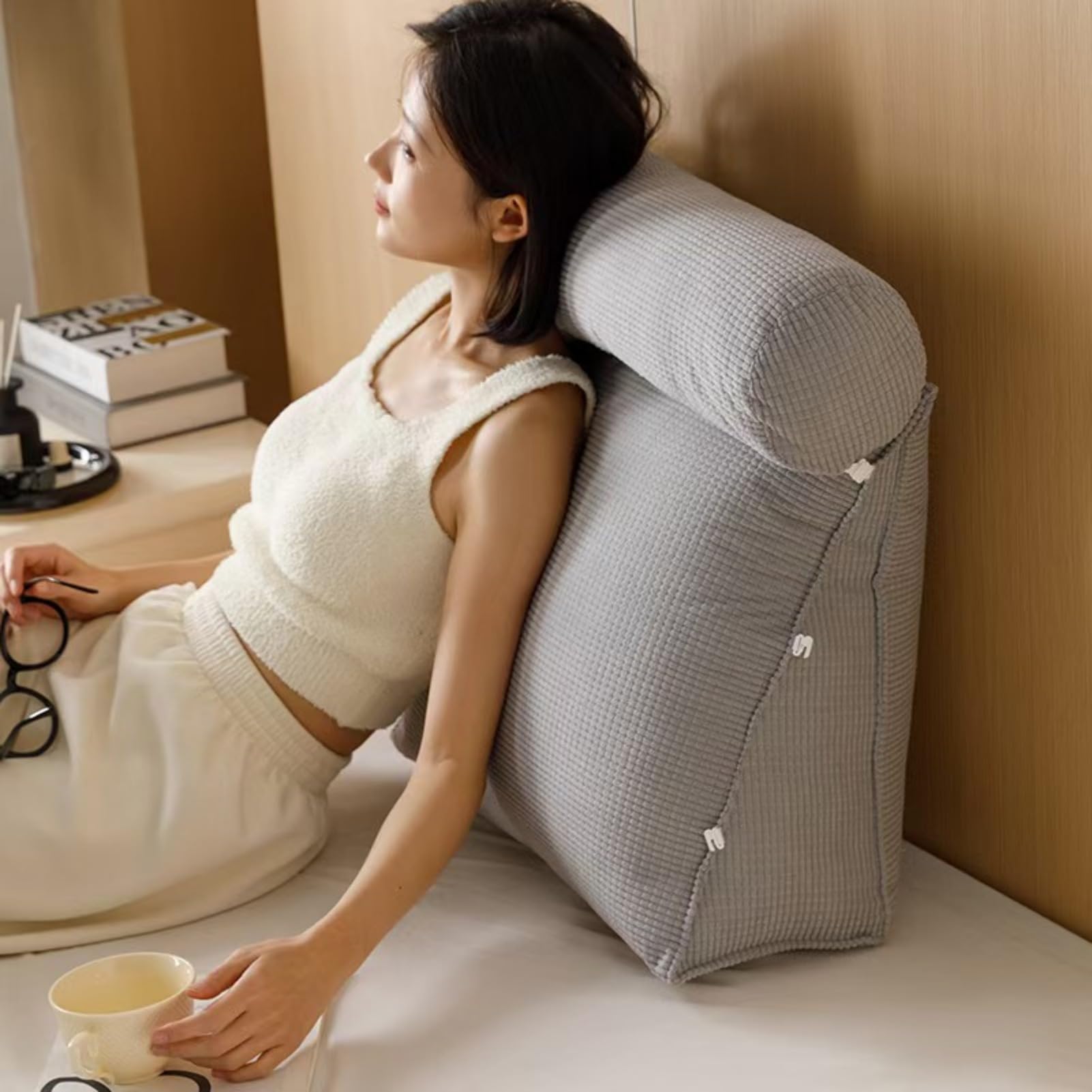 Cuscino a cuneo regolabile, cuscino da lettura per dormire, triangolare, cuscino di supporto lombare, collo e schiena, con fodera rimovibile, 50 cm (grigio)