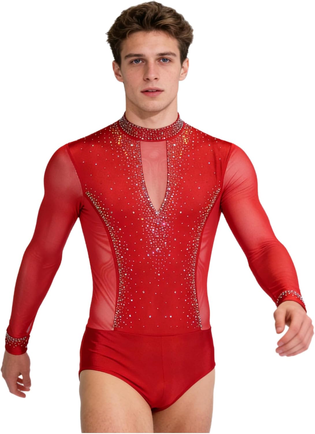 Men's Figure Skating Dance Costume Rhinestones Latin Tango Training Performance Long Sleeve Leotard Shirt Top
