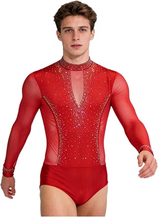 Mens Figure Skating Dance Costume Rhinestones Latin Tango Training Performance Long Sleeve Leotard Shirt Top