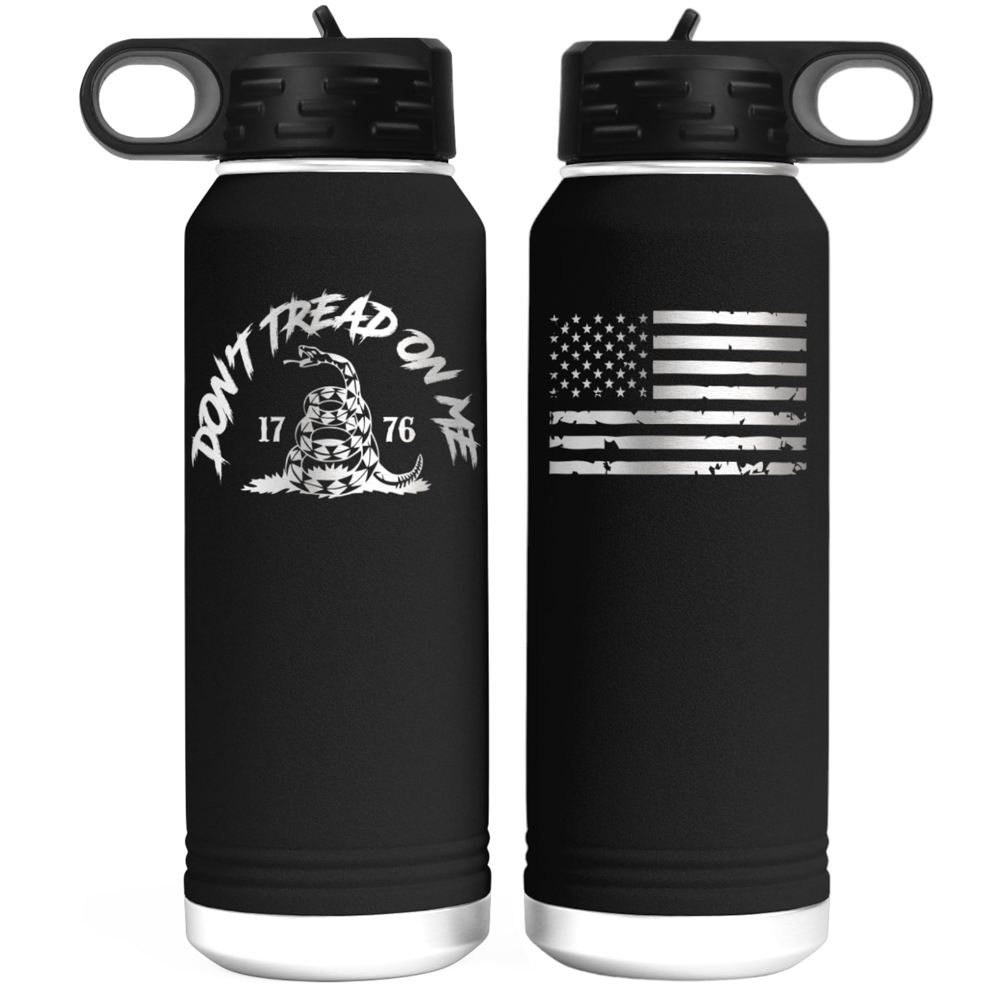 Gadsden Wasserflasche mit amerikanischer Flagge, doppelwandig, Edelstahl, isoliert, 900 ml, zweiseitige Gravur, graviert in den USA, Gadsden Don't Tread On Me