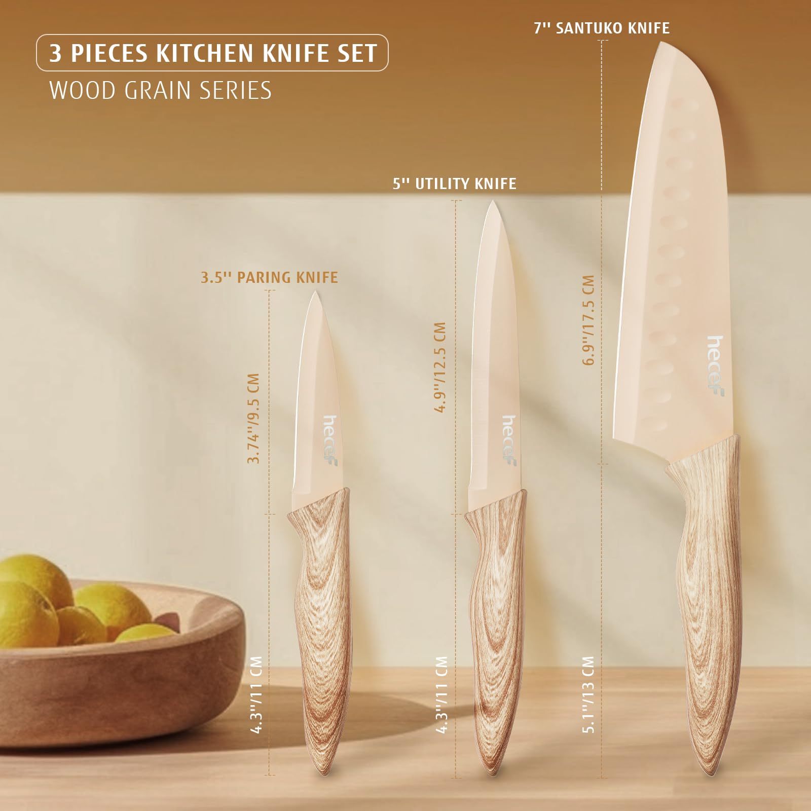 hecef Juego de Cuchillos Cocina 3 Piezas, Acero Inoxidable, Mango Efecto Madera, Santoku, Multiusos, Pelador