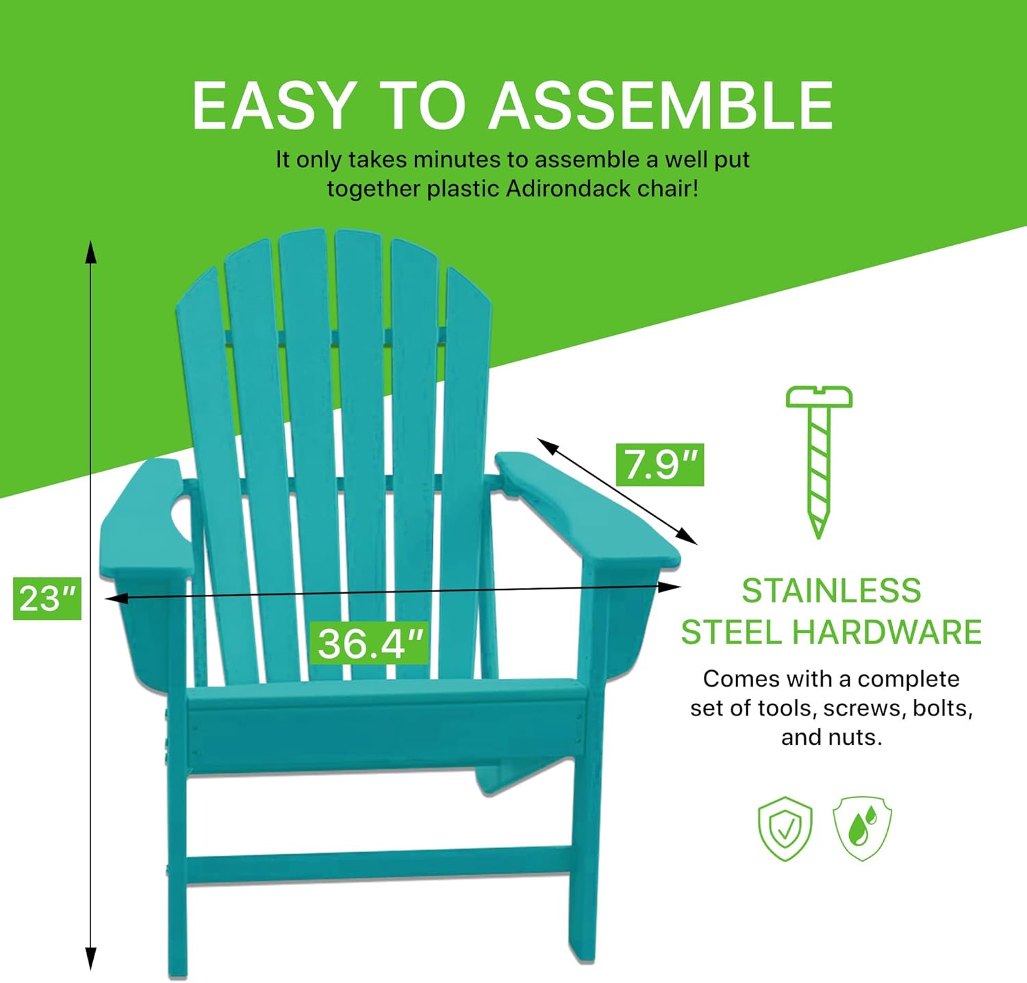 NewTechWood Atlantic Classic Curveback Plastic Weather Resistant Patio Adirondack Chair, Easy Installation, Widely Used in Outdoor, Fire Pit, Deck, Lawn, Outside, Garden Chairs (Seafoam)