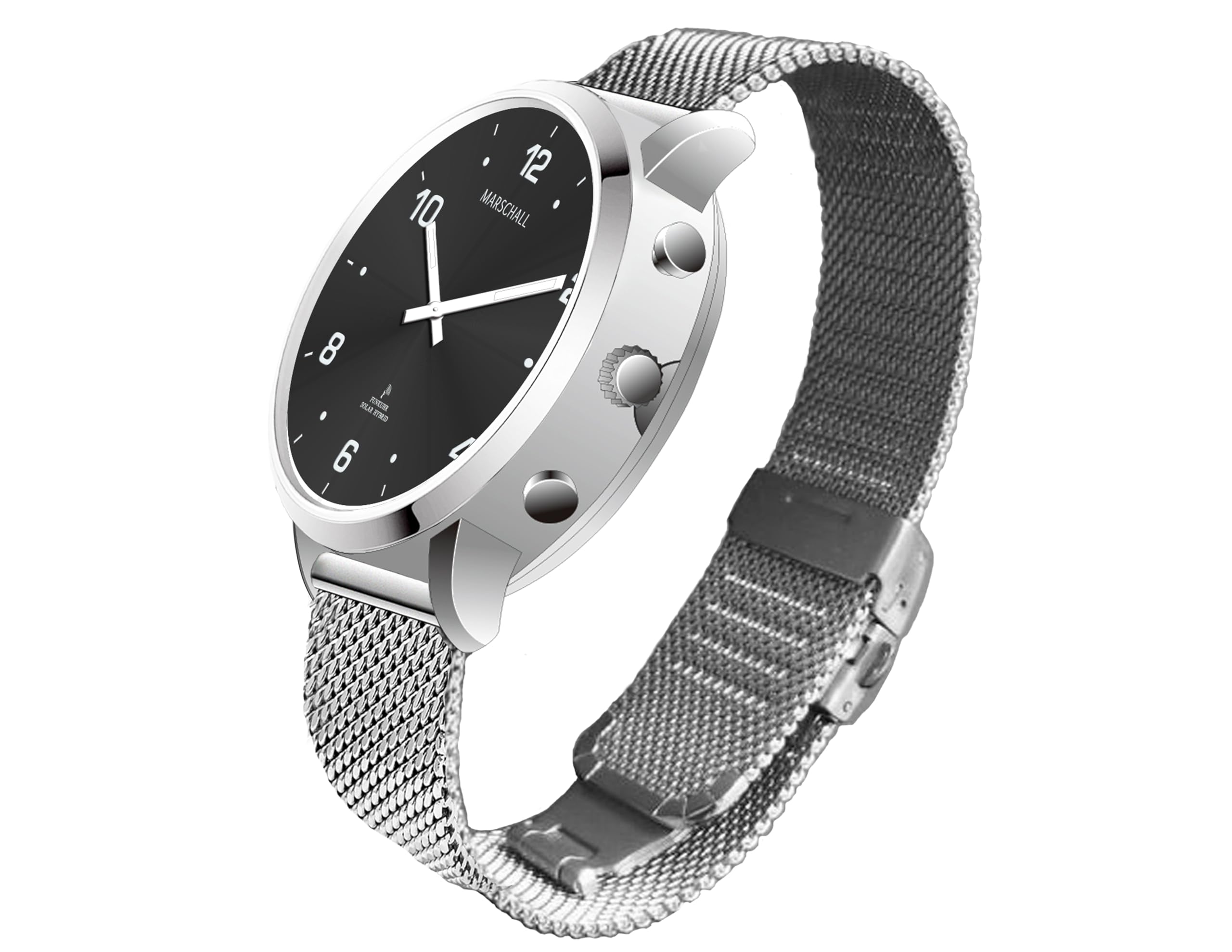 Marschall Deutsch sprechende Unisex Funk-Armbanduhr I Mit Solarpanel I 1150S I Für Blinde, Senioren und Demenzkranke I Datum- und Zeitansage I Schwarzes Zifferblatt und Milanaise Armband