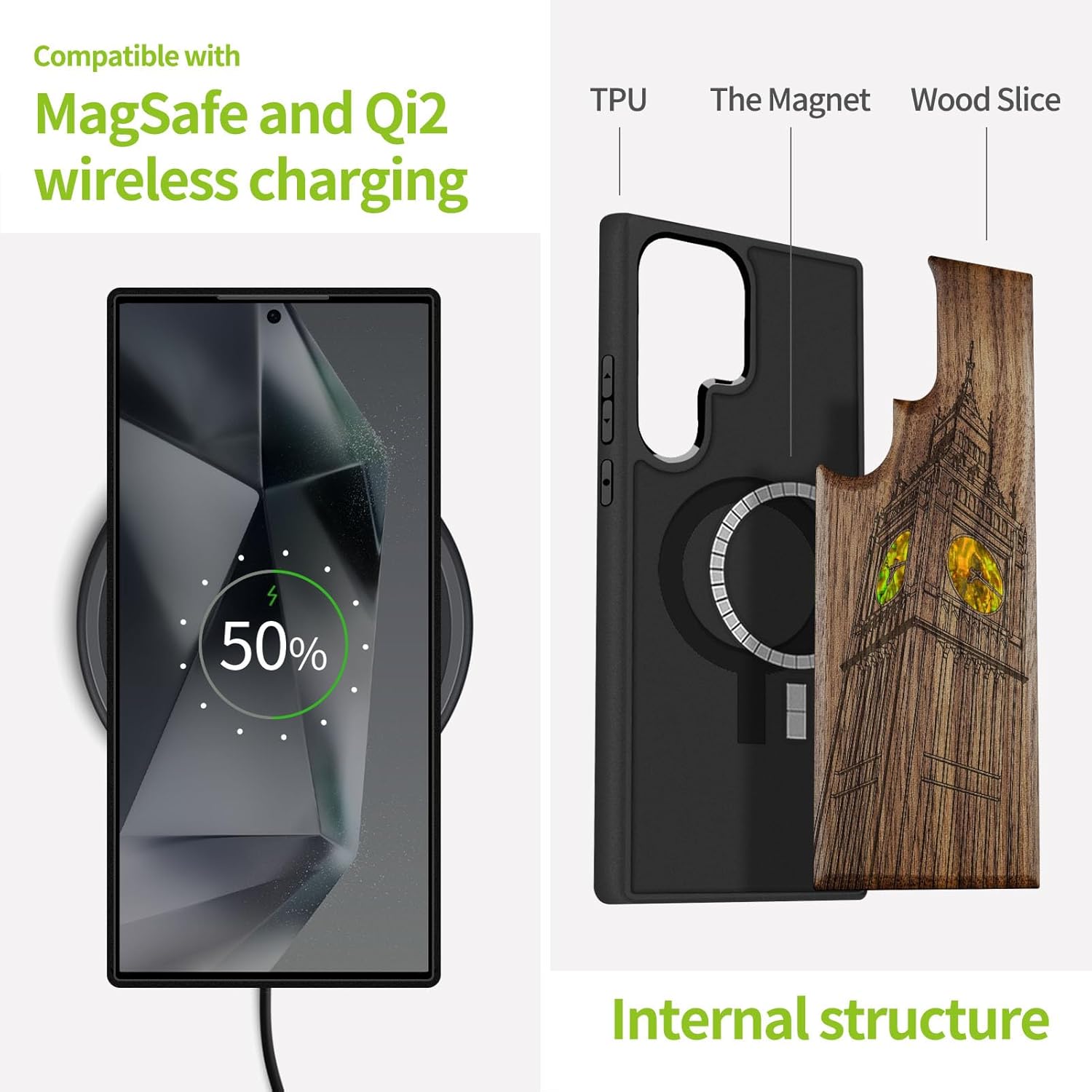Carveit Magnetic Wooden Case for Samsung Galaxy S25 Ultra Case, Wood Artisan Engraved & Handmade Shell Inlaid, Compatible with MagSafe Wireless Chargers (Big Ben of London) Walnut