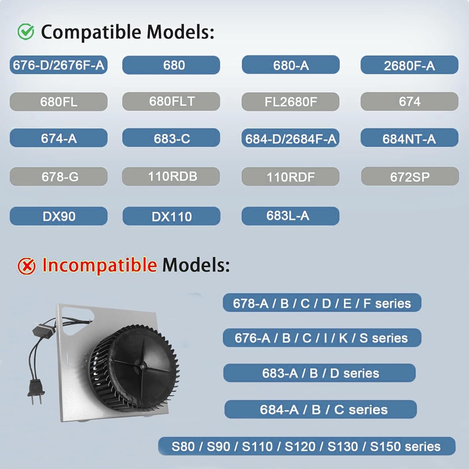 S97015157 Motor Replacement Compatible with Broan with 8"× 8-1/4" Housing, for 676-D/2676F-A, 680-A, 674, 684NT-A, 684-D/2684F-A, 672SP Fans (110 CFM/ 4 Sones)