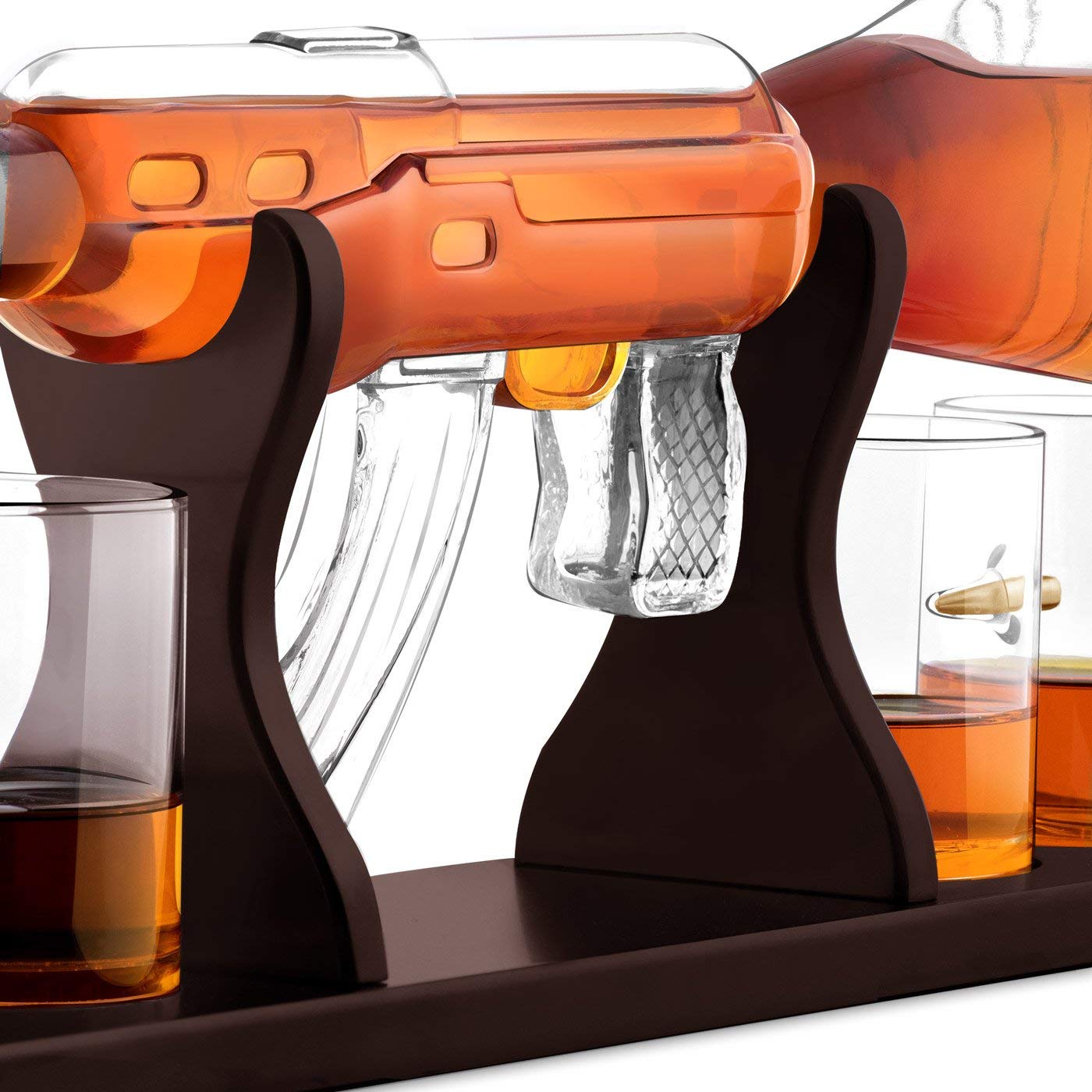 Maverton Caraffa per whisky in vetro a forma di fucile - incisione personalizzata - Decanter in vetro da 800 ml + 4 bicchieri da 300 ml - Set bicchieri whisky - idea regalo per Lui - tiratore