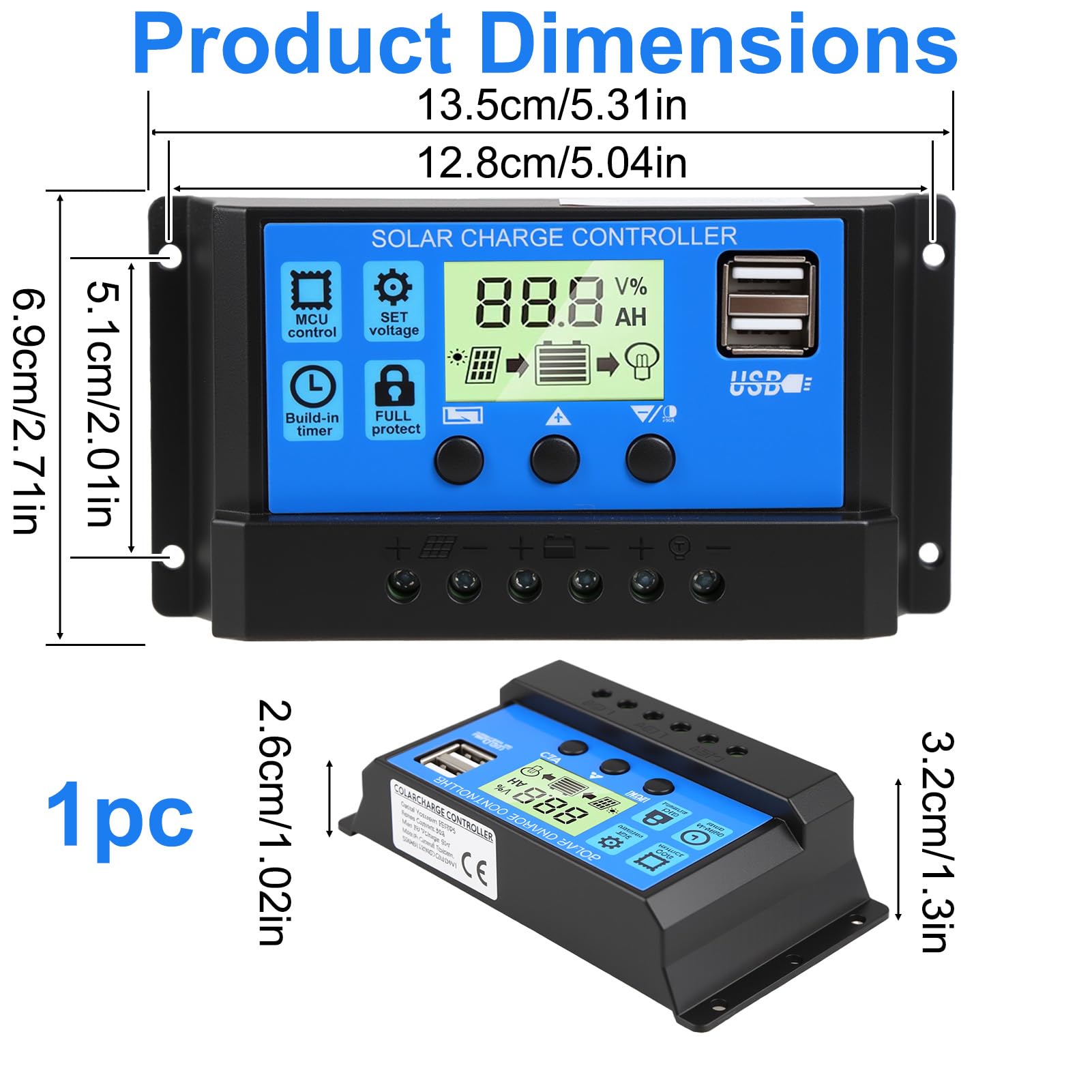 30A PWM Regulateur de Charge Solaire, 12V/24V Contrôleur de Charge, Régulateur Solaire avec Écran Lcd Réglable, 5V 2 Port Usb, Paramètre Automatique, Regulateur de Charge pour Acide de Plomb