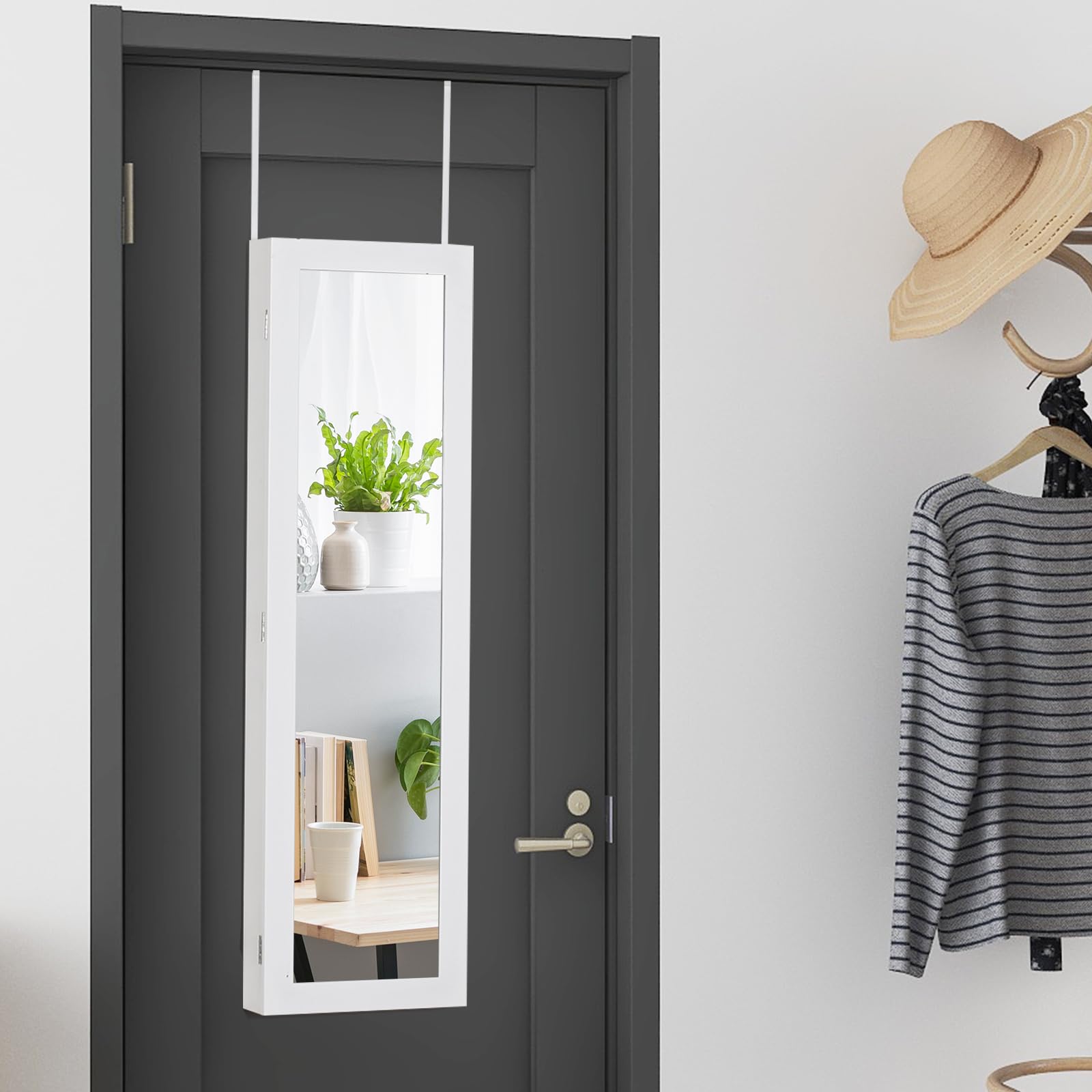 HOMASIS Schmuckschrank mit 2 Spiegeln für Wand & Tür, Spiegelschrank mit Regal, Schmuckregal mit Kettenhaken & Ringverschluss, Schmuckkasten Schmuck-Organizer aus Holz, Weiß (Weiß)
