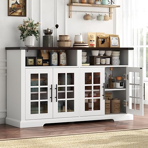Farmhouse Buffet Sideboard with 4 Glass Doors, 55'' Large Kitchen Storage Cabinet with Shelves for Kitchen, Wood Coffee Bar Cabinet Buffet Table with Open Storage and Dark Walnut Desk Top (White)