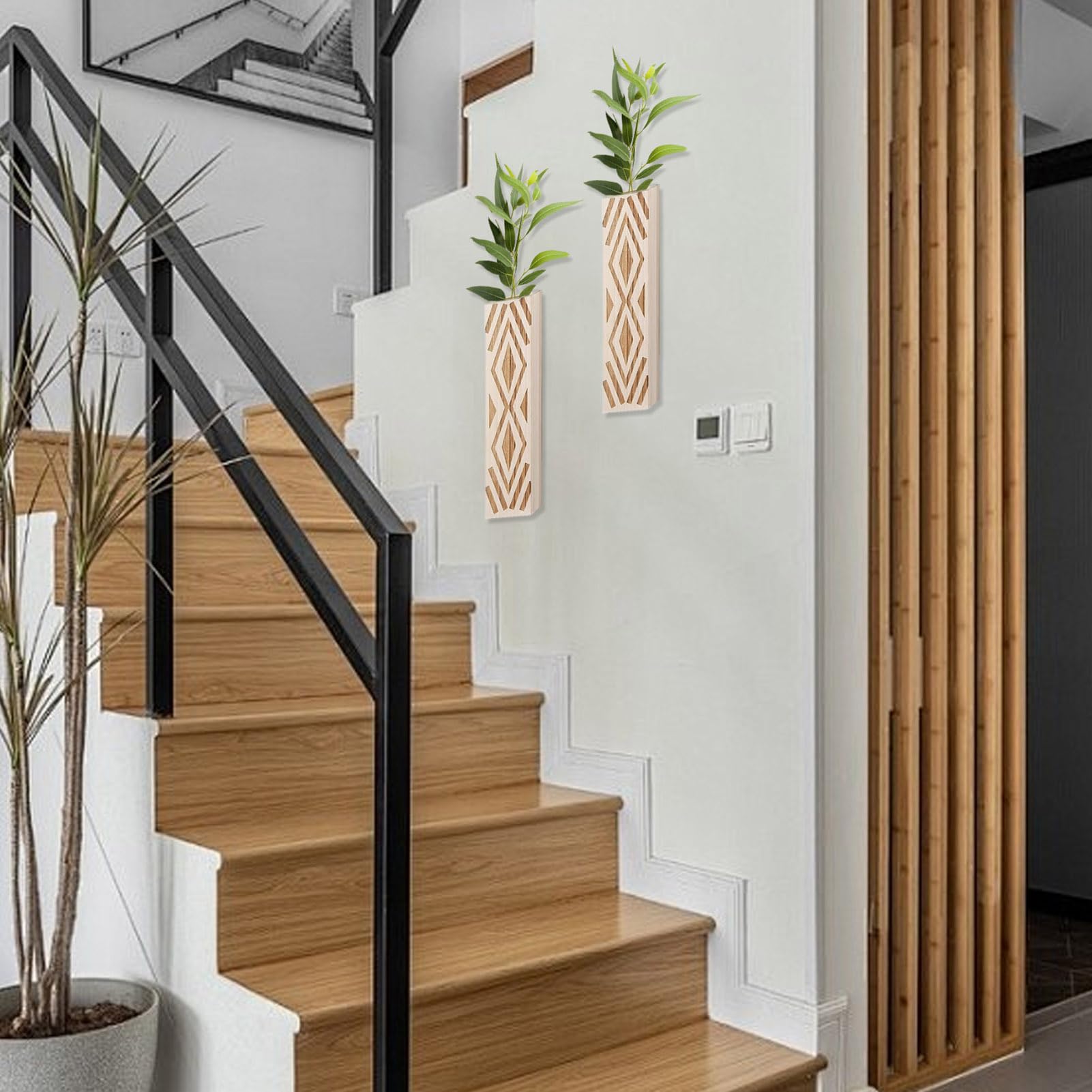 Set de 3 Jarrones de Pared de Madera - Plantadores Colgantes con Acabado Marrón Rústico, Decoración Moderna para Flores Artificiales y Plantas (A)