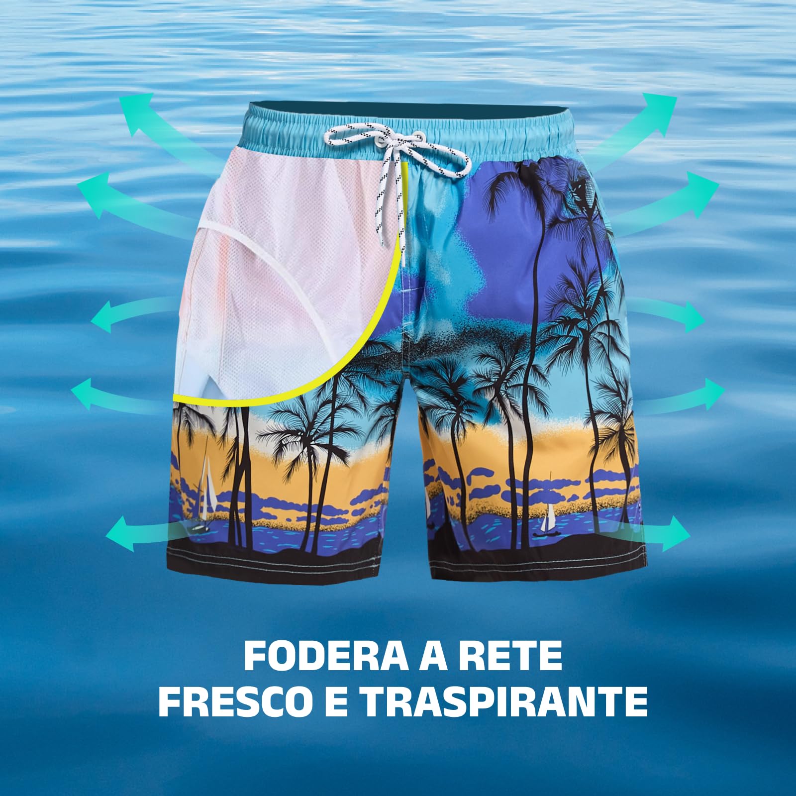 WORK IDEA Costume da bagno da uomo ad asciugatura rapida, con stampa, in 100% poliestere, estivo, da spiaggia