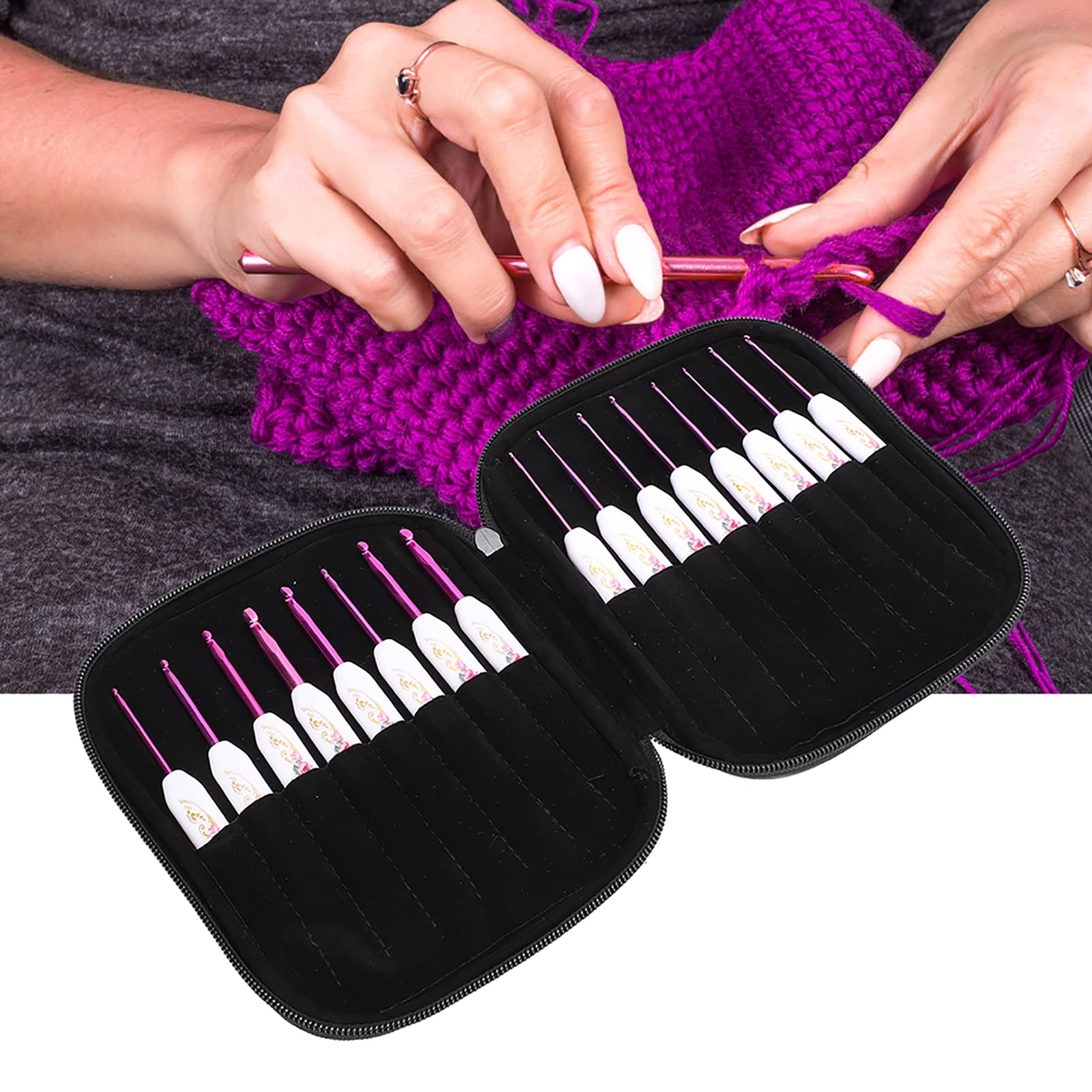 QANYEGN 16 Pezzi Set di Ganci per Uncinetto, Gancio per Uncinetto in Alluminio con Borsa Portatile, Kit di Aghi per Uncinetto per Accessori da Cucito Fai da Te, Rosa