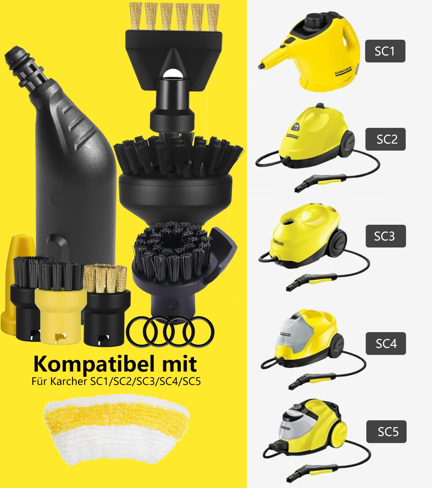 15pcs pour nettoyeur vapeur Karcher SC3 SC1 SC5 SC4 SC2 Accessoires, compatible nettoyeur vapeur Kärcher SC5 SC3 SC1 SC4 SC2 accessoires buse allongée, buse incurvée, brosse ronde, chiffon en