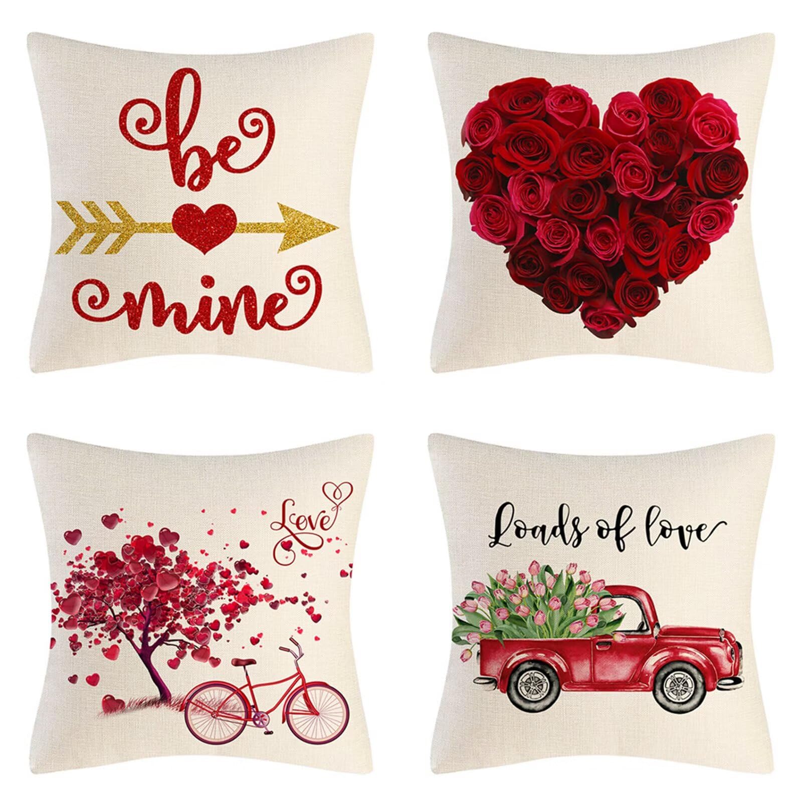 Juego de 4 Impermeable Funda de Cojín El amor de las rosas,55x55cm Moderno Suave Transpirables Lino Fundas de Almohada Cojines Decorativos con Cremallera Oculta para Exterior Sofá Cama Coche Hogar