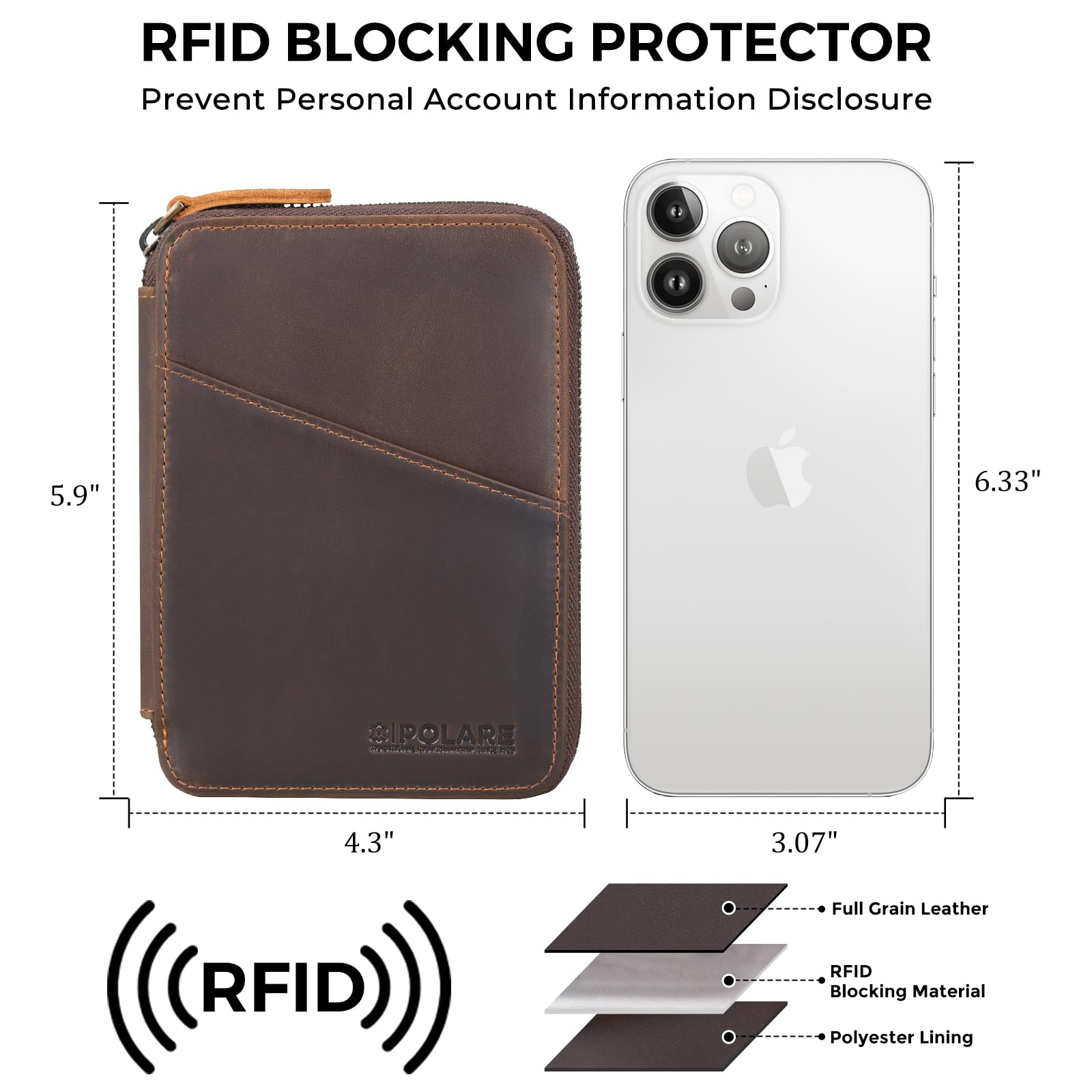 Polare - Cartera de Piel de Grano Completo para Pasaporte con Bloqueo RFID, Funda Plegable Suave con Cremallera YKK