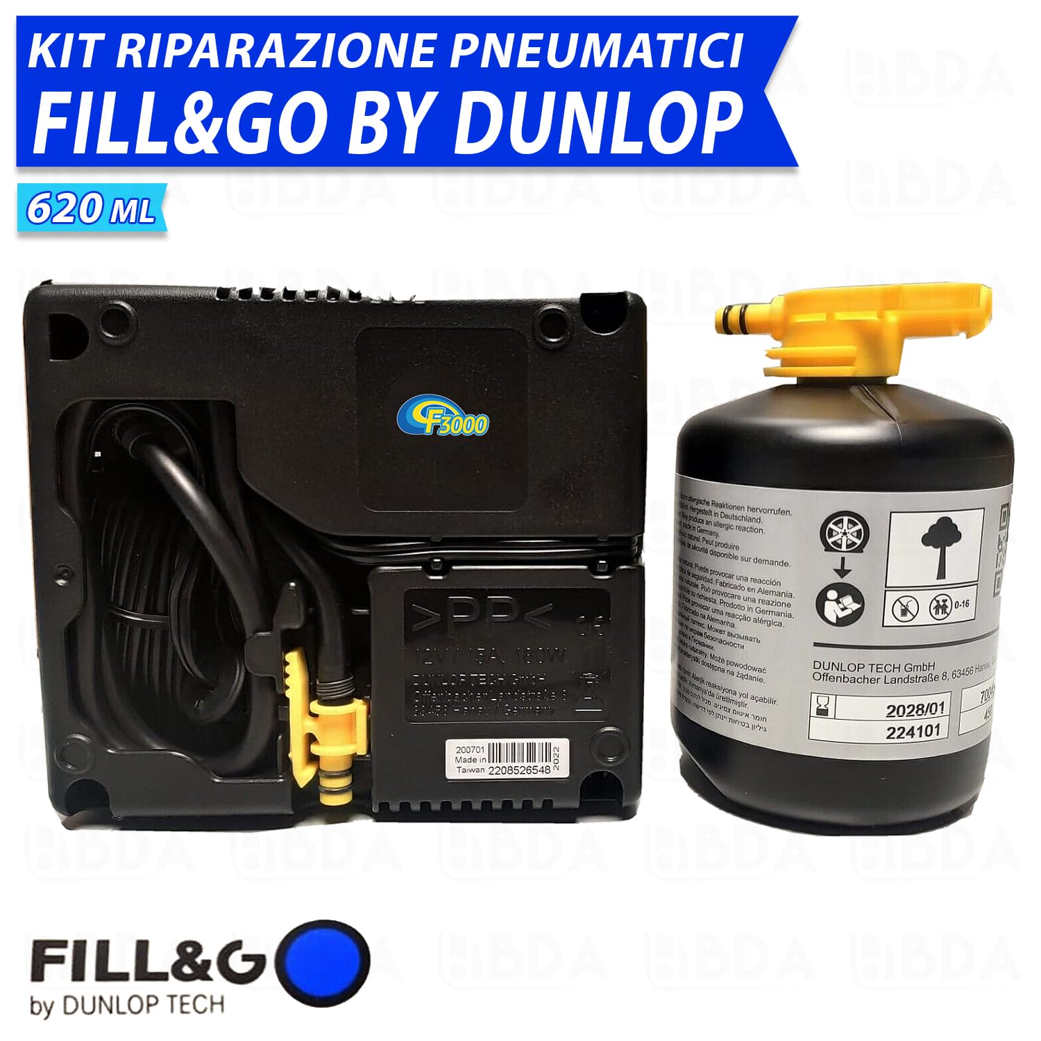 Sistema di Riparazione Pneumatici Kit Gonfia e Ripara Fill&Go by Dunlop Tech per MERCEDES-BENZ CLASSE R tutte le versioni, Pompa Elettrica da 620 ML